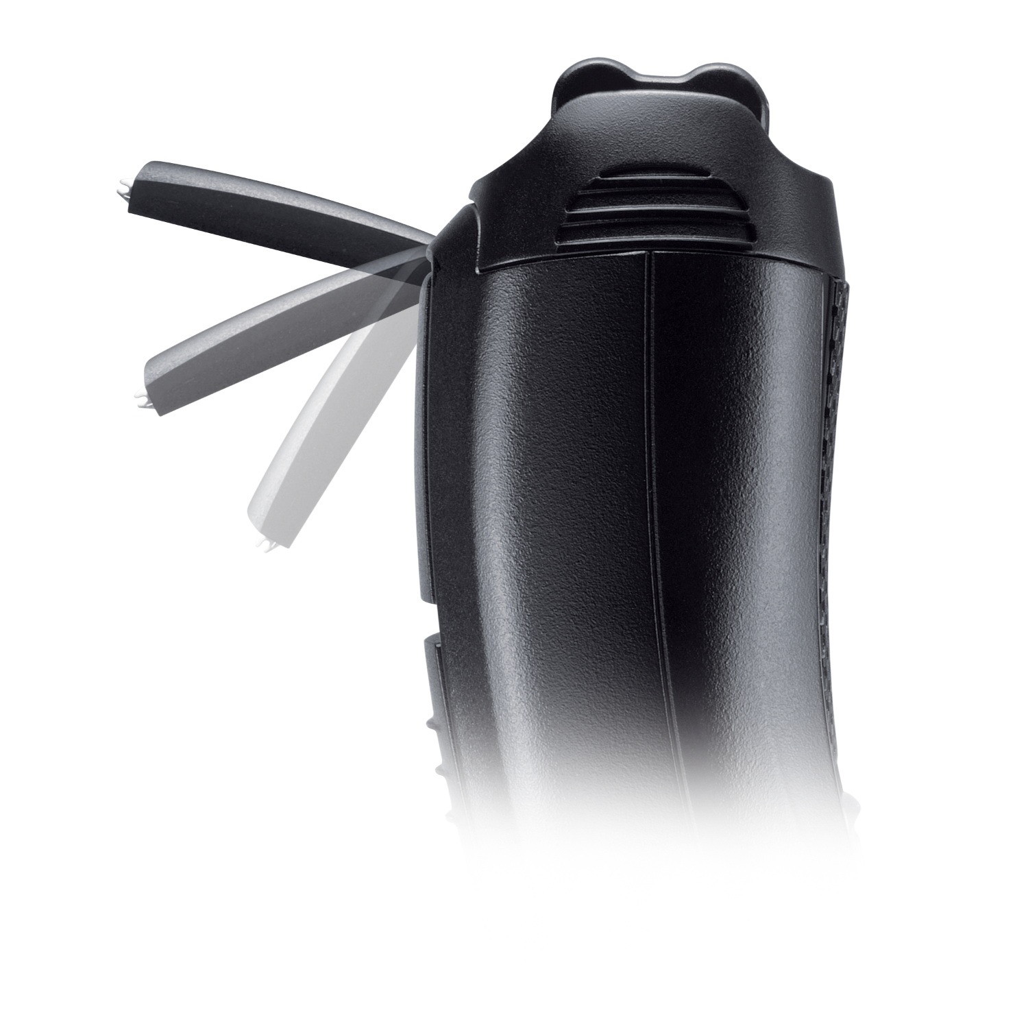 Black device with multiple articulated blades extending outwards, against a dark background.