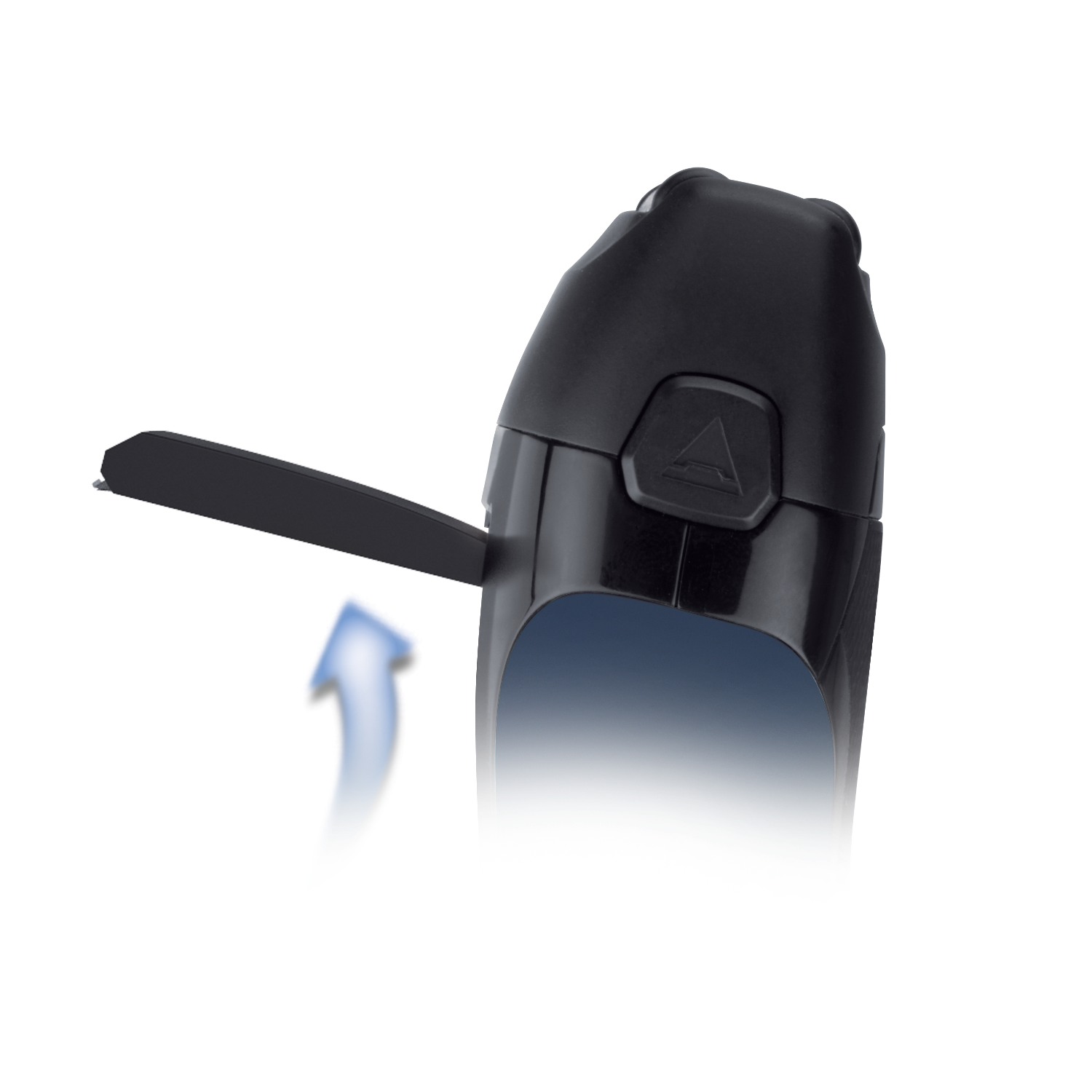 Black object with a blue arrow pointing up, against a black background.
