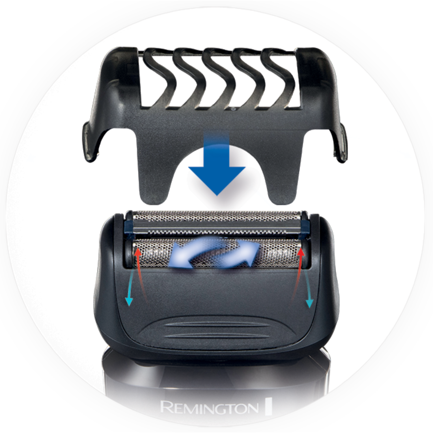A shaving head with blades and a cover removed, showing the internal mechanism.