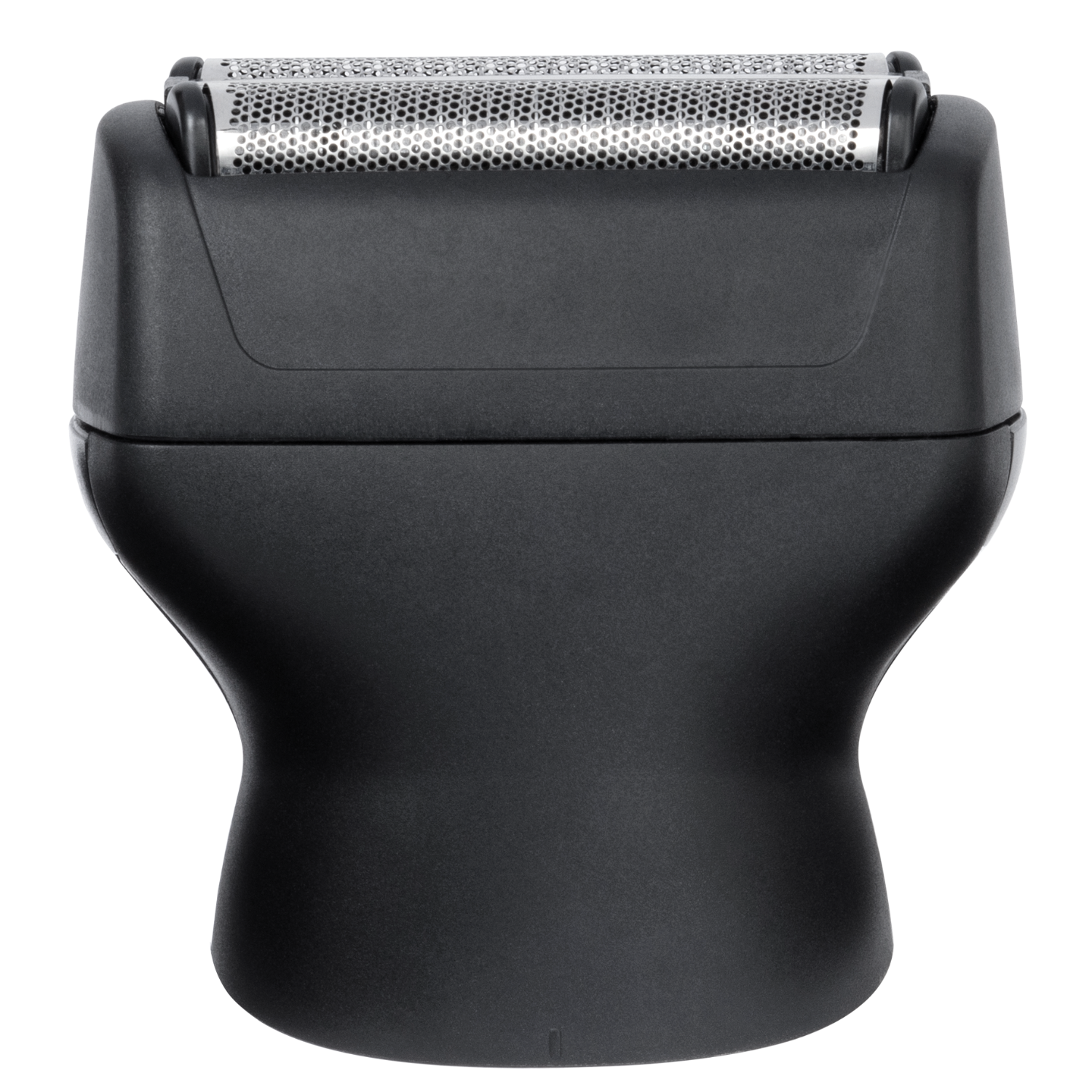 A close-up of a black electric shaver head. The shaver head has a silver foil and a black body.