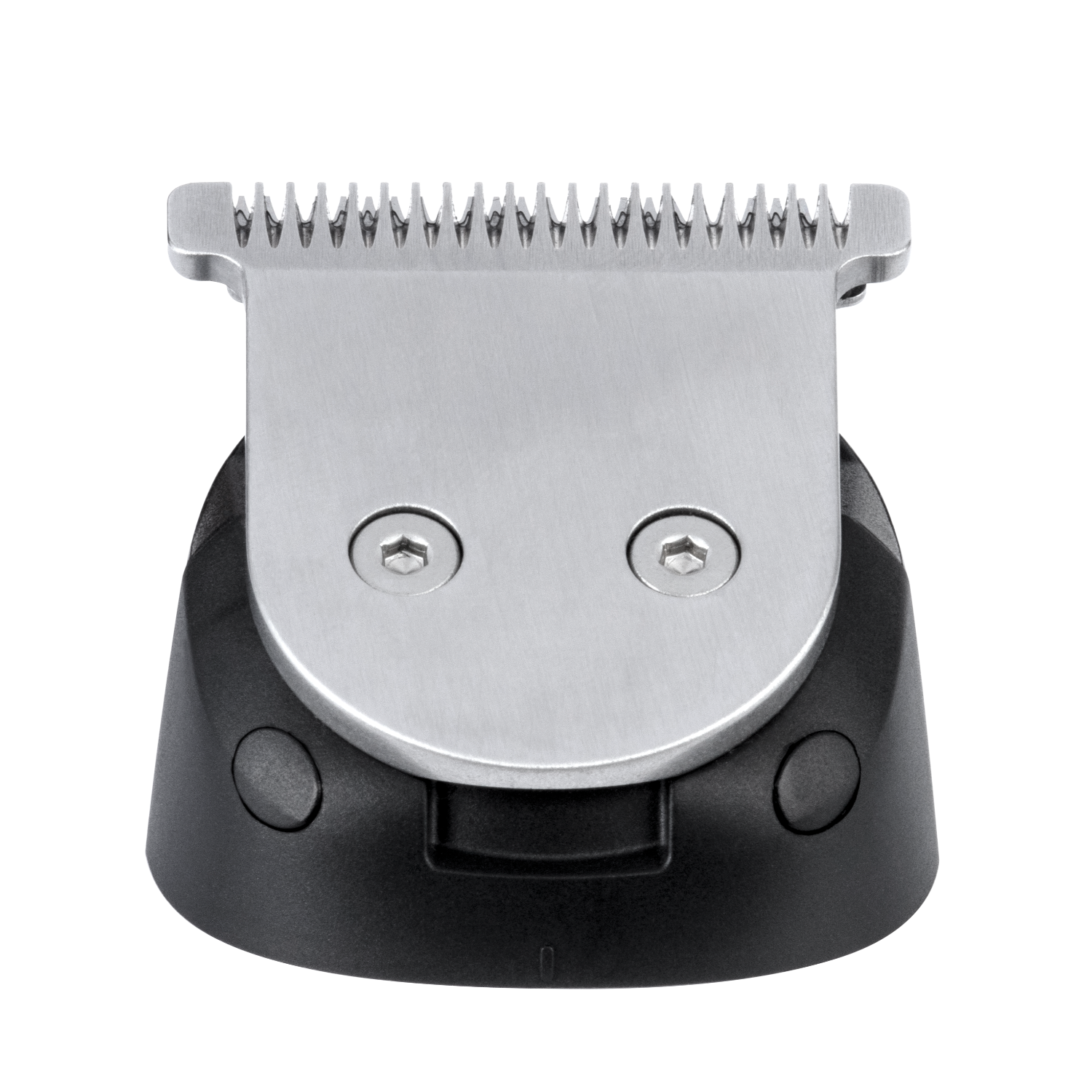 A close-up of a stainless steel beard trimmer blade with black base and screw details.