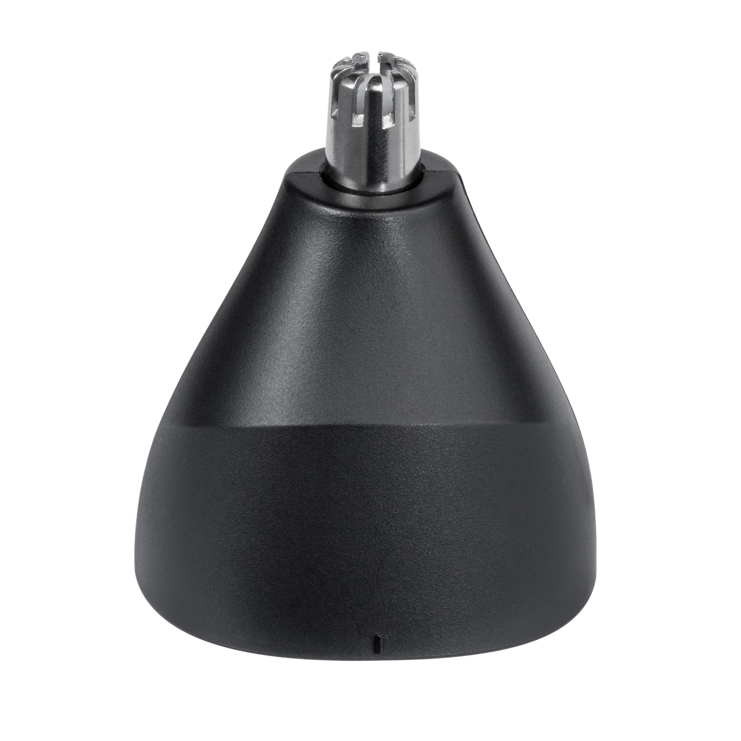 A black nose hair trimmer head on a black background. The trimmer has a silver, circular blade top.