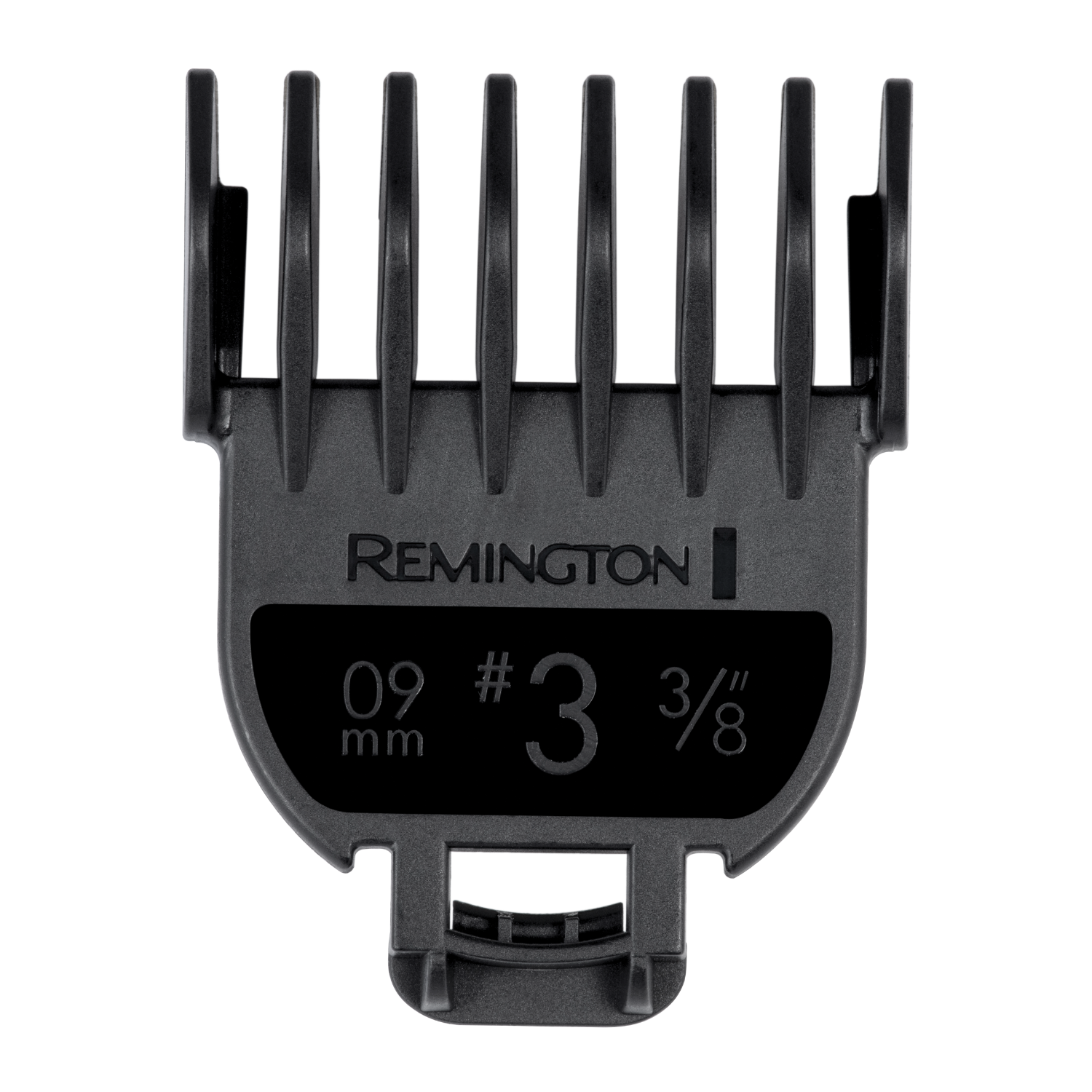 Black hair clipper comb attachment. Marked with numbers and brand.