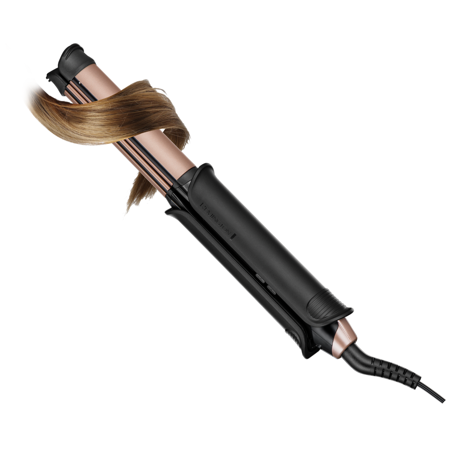 Hair curler with strand of hair wrapped around it. Black handle, gold and black body.