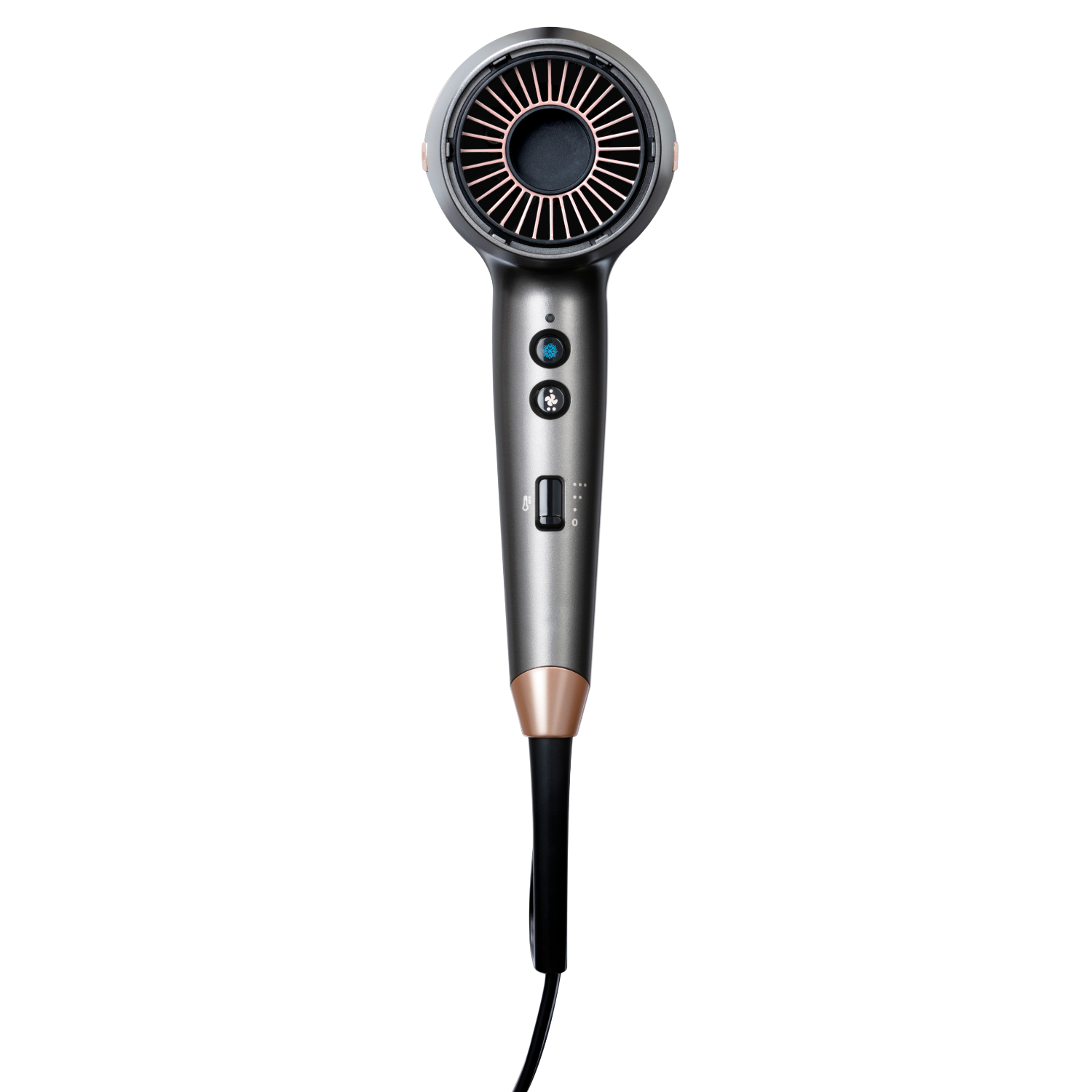 Hair dryer, silver body with rose gold details. Black cable, black background.