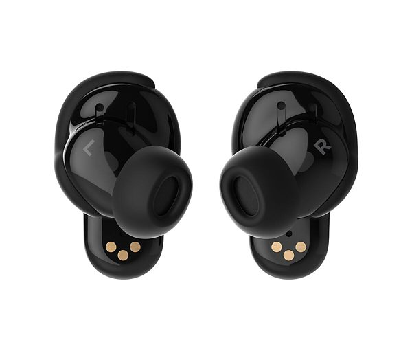 Auriculares inalámbricos negros con marcas 'L' y 'R'. Fondo blanco.