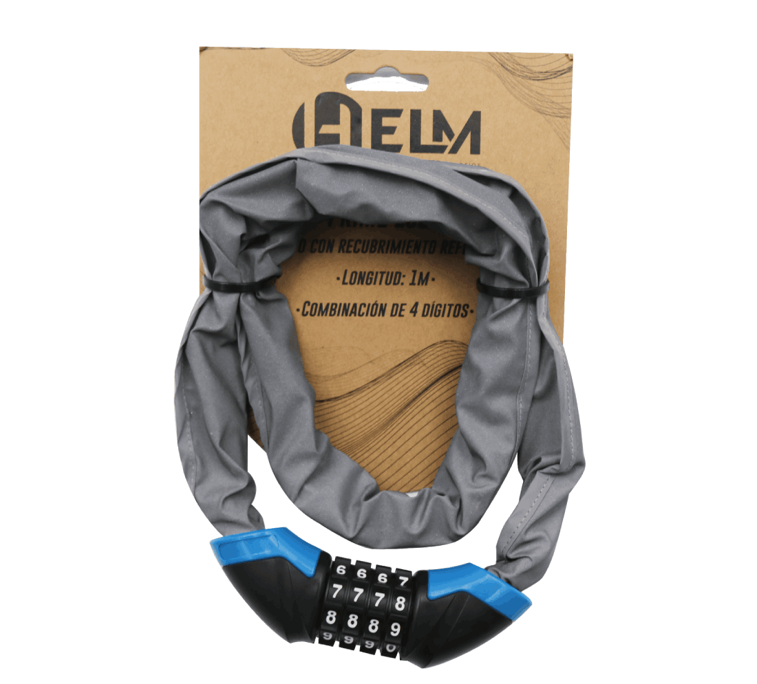 Un candado gris para bicicleta con una combinación de bloqueo negro y azul.