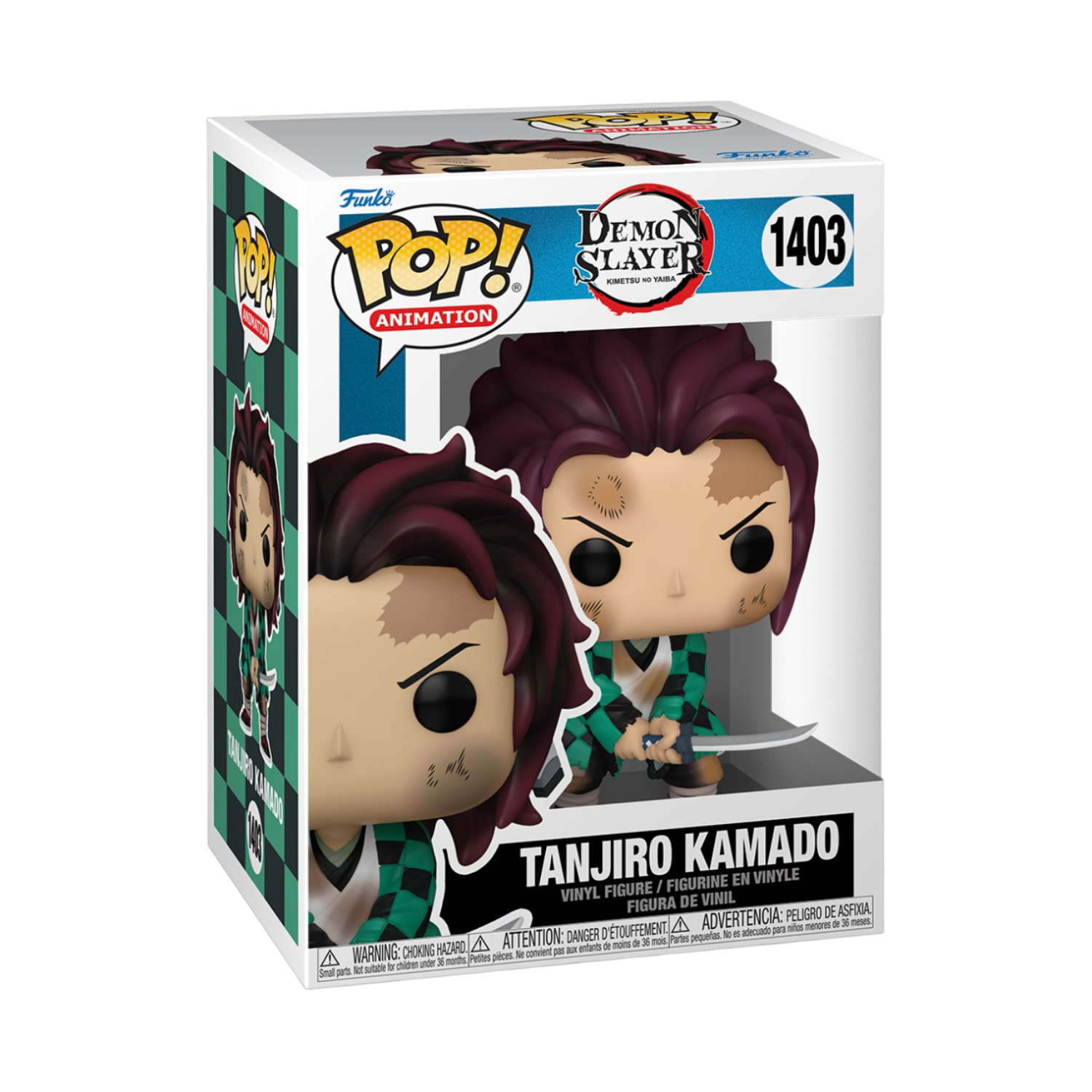 Tanjiro Kamado Funko Pop figuur in een doos. Hij houdt een zwaard vast, draagt groen.