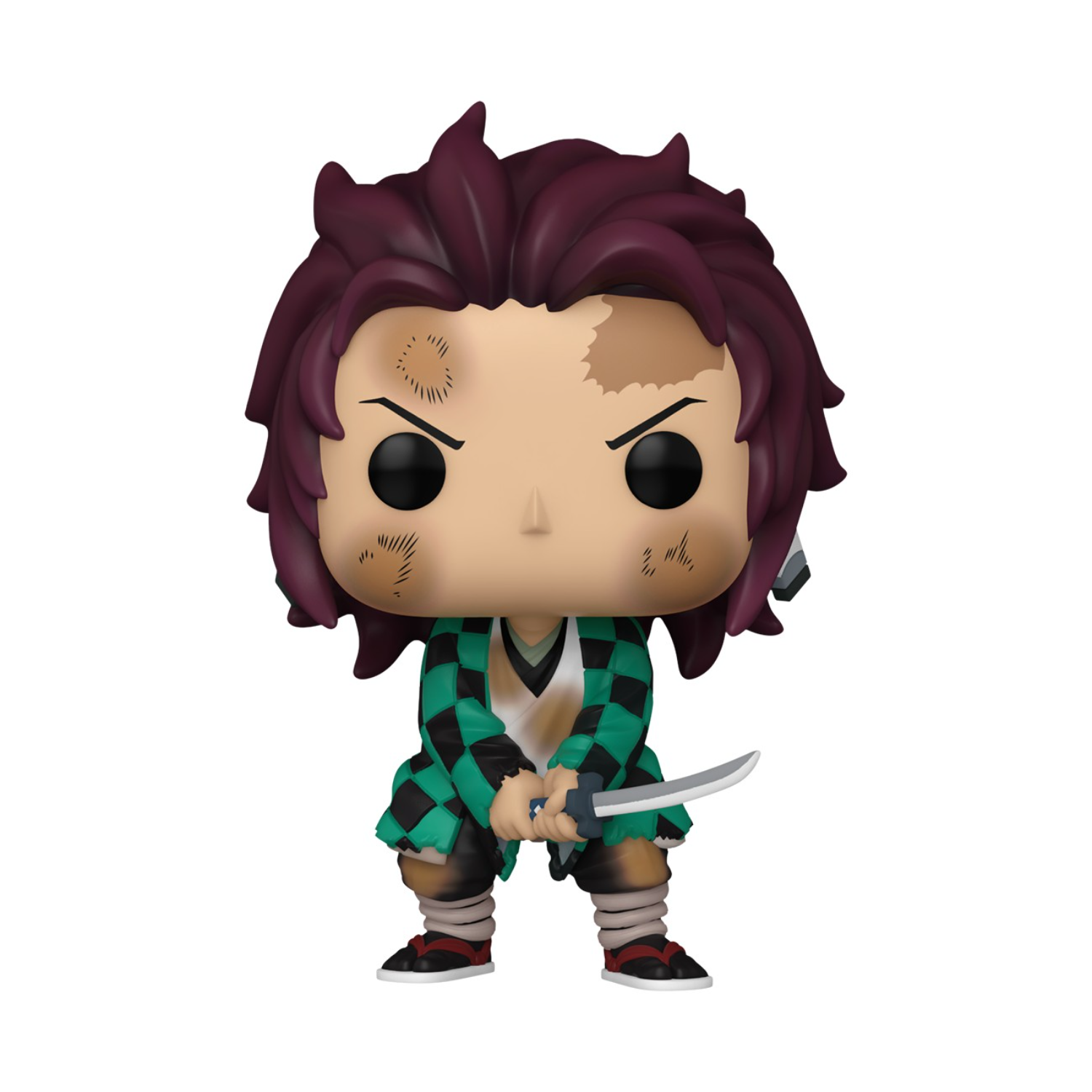 Een Funko Pop-figuur van een personage met bordeauxrood haar en een groen-zwarte geruite outfit. De achtergrond is wit.