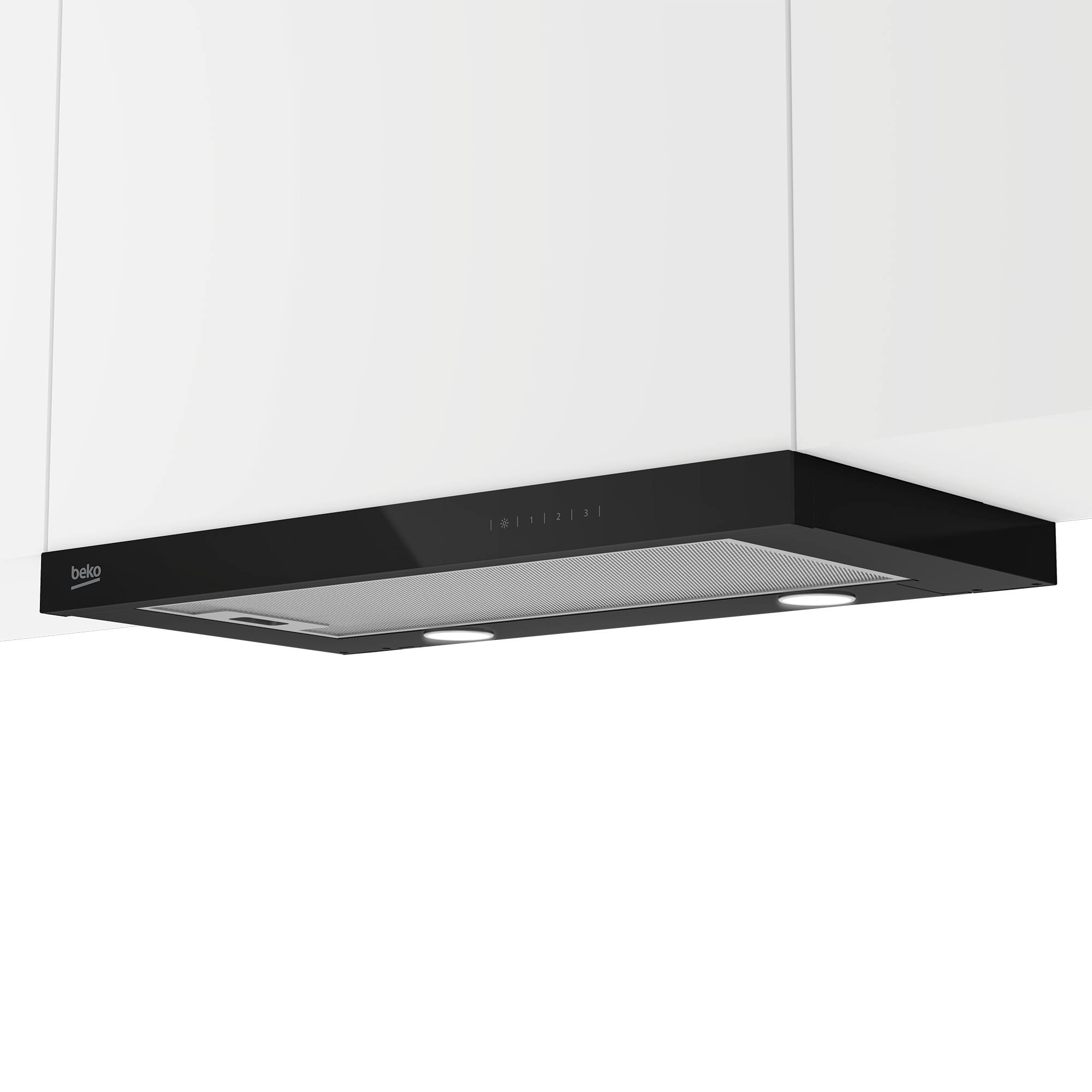 Czarny okap z oświetleniem, nad ciemną powierzchnią.