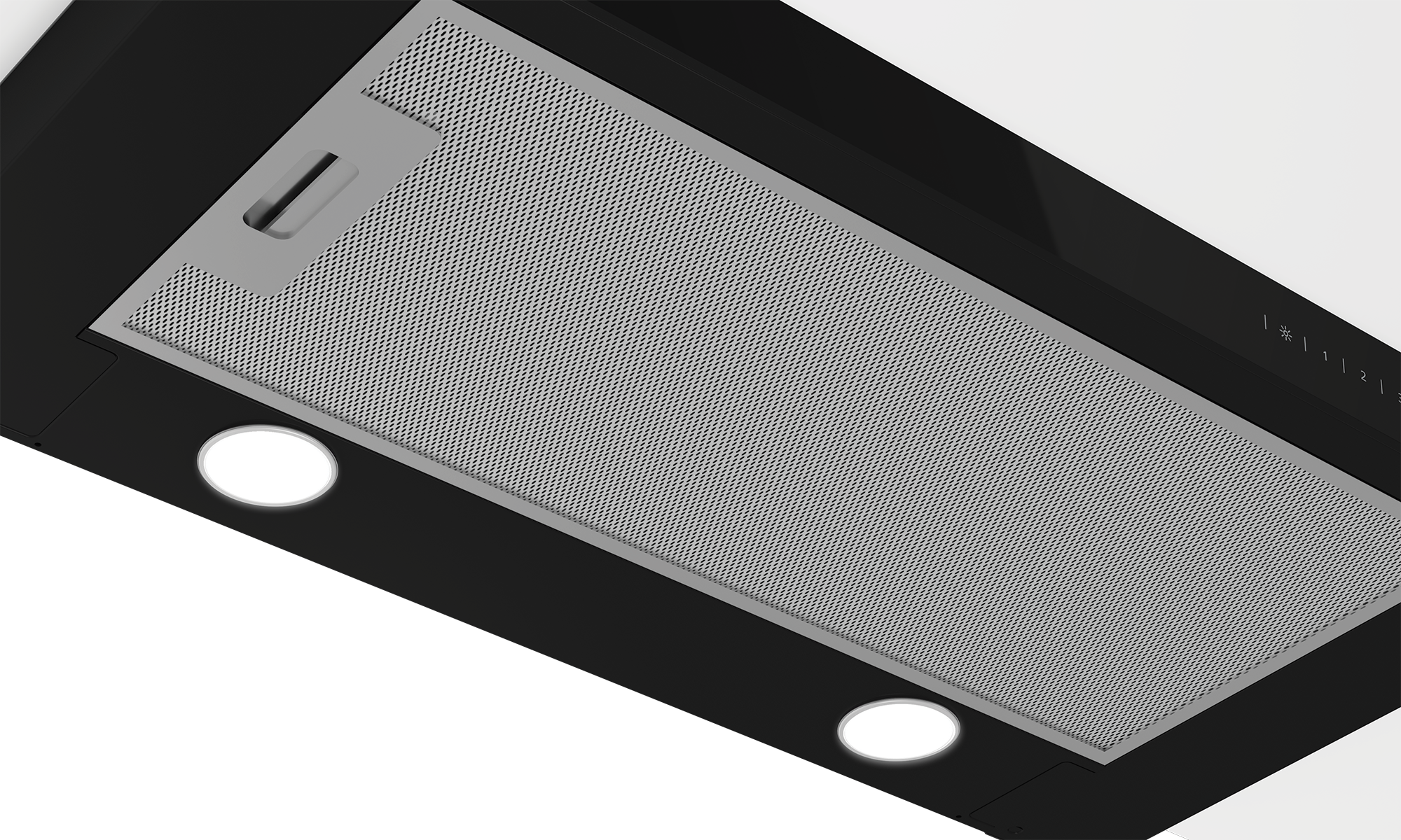 Czarny okap kuchenny, dwa reflektory i metalowy filtr. Światła są włączone.