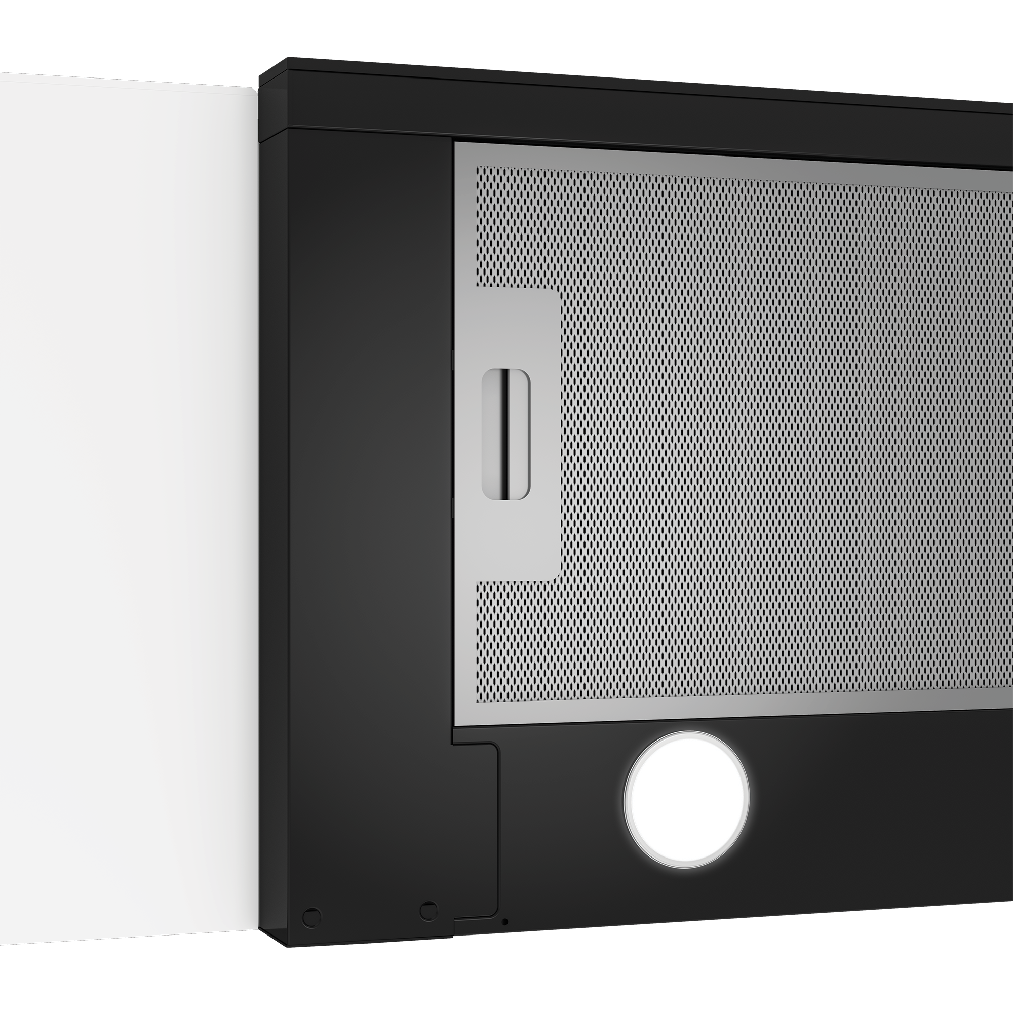 Zbliżenie czarnego okapu z metalową siatką i okrągłym światłem.