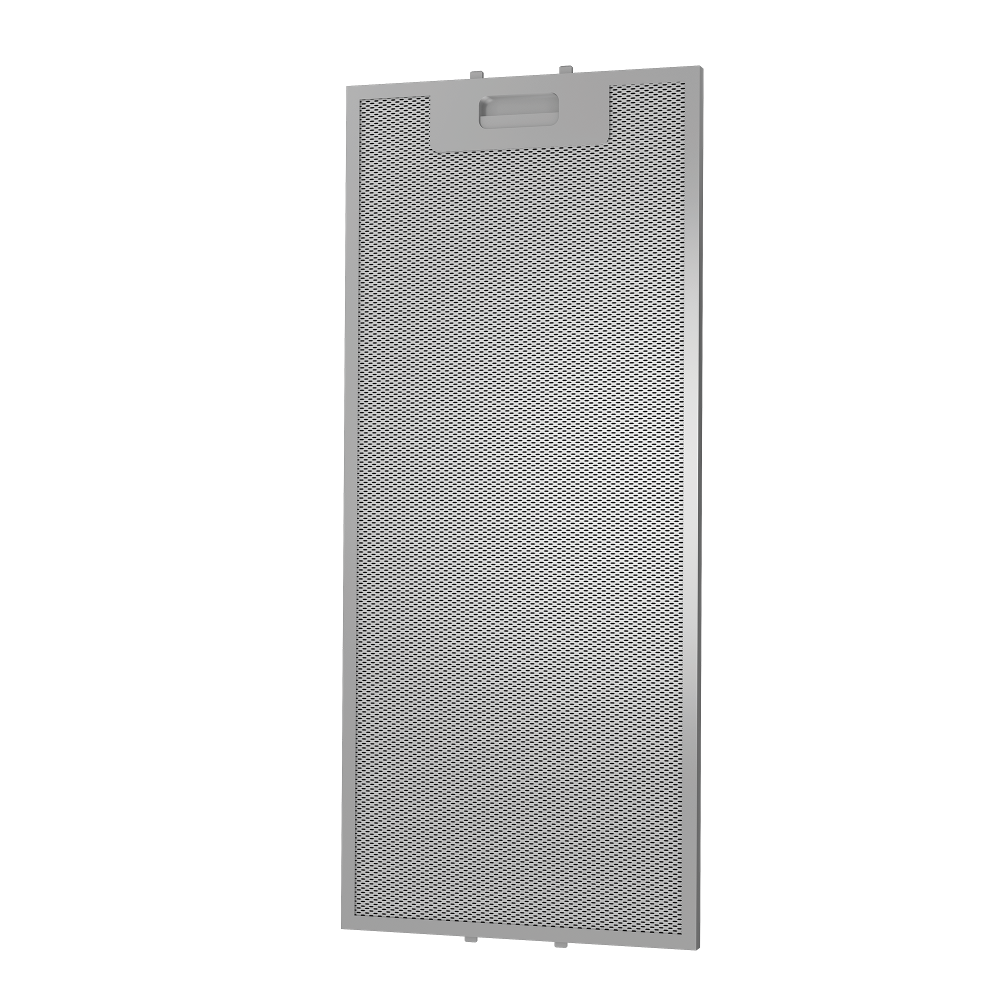 Prostokątny, perforowany filtr metalowy z uchwytem. Czarne tło.