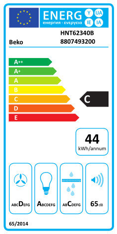 Etykieta energetyczna dla urządzenia Beko. Pokazuje efektywność energetyczną C.