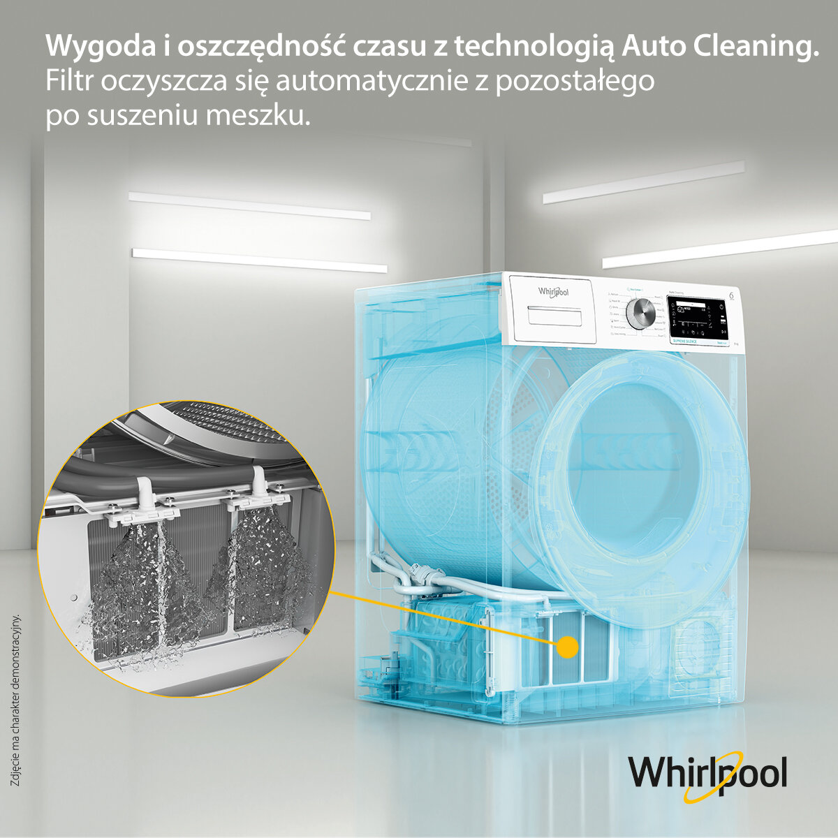 Schemat pralki ze szczegółem filtra i tekstem o automatycznym czyszczeniu.