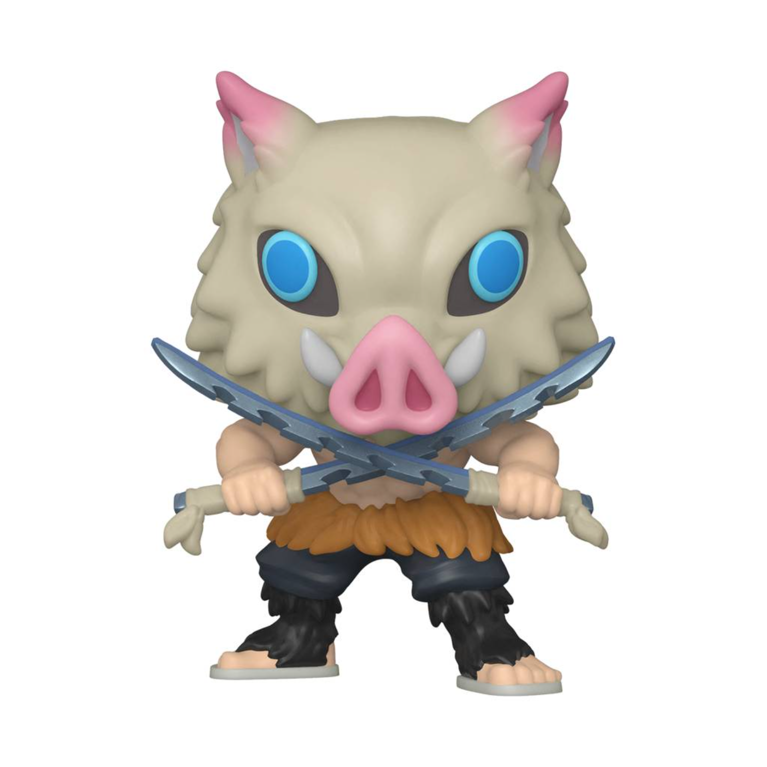 Funko Pop! figure of Inosuke Hashibira from Demon Slayer. He wears a boar head and holds two swords.