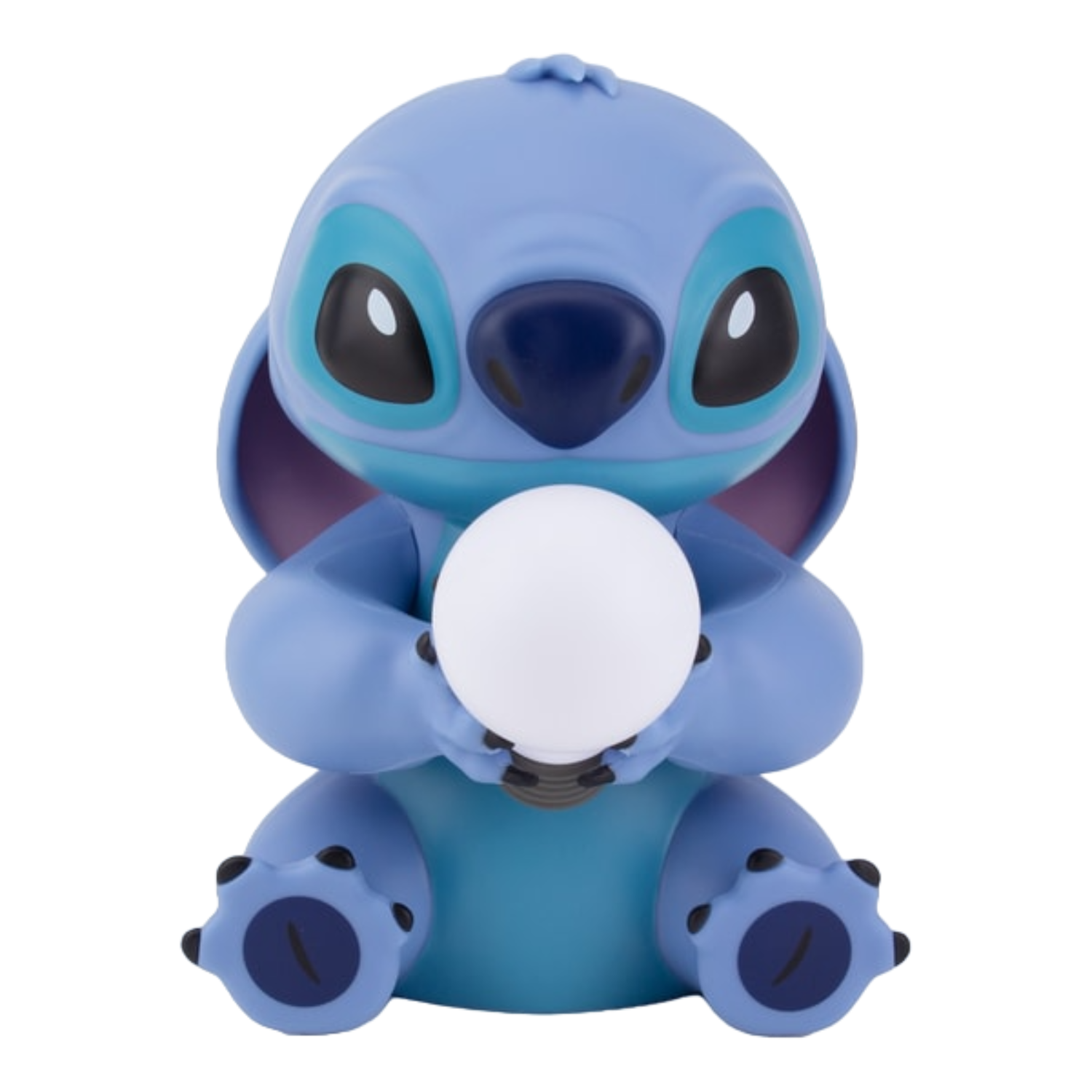 Stitch figuur met een witte lichtbol. Blauwe figuur met grote oren, zwarte ogen, op zwarte achtergrond.