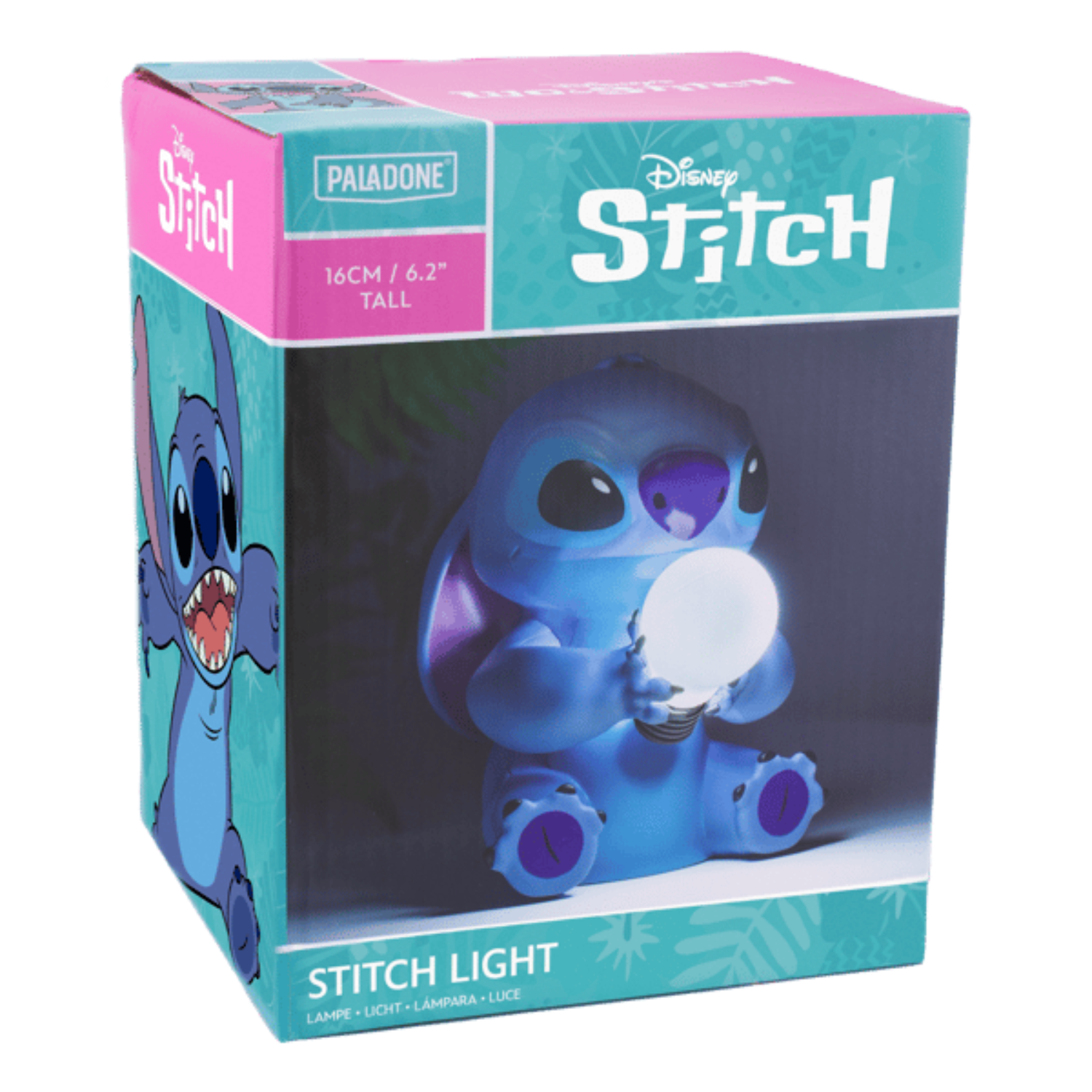 Een Disney Stitch lamp in een doos. De doos is roze en blauw met Stitch erop.