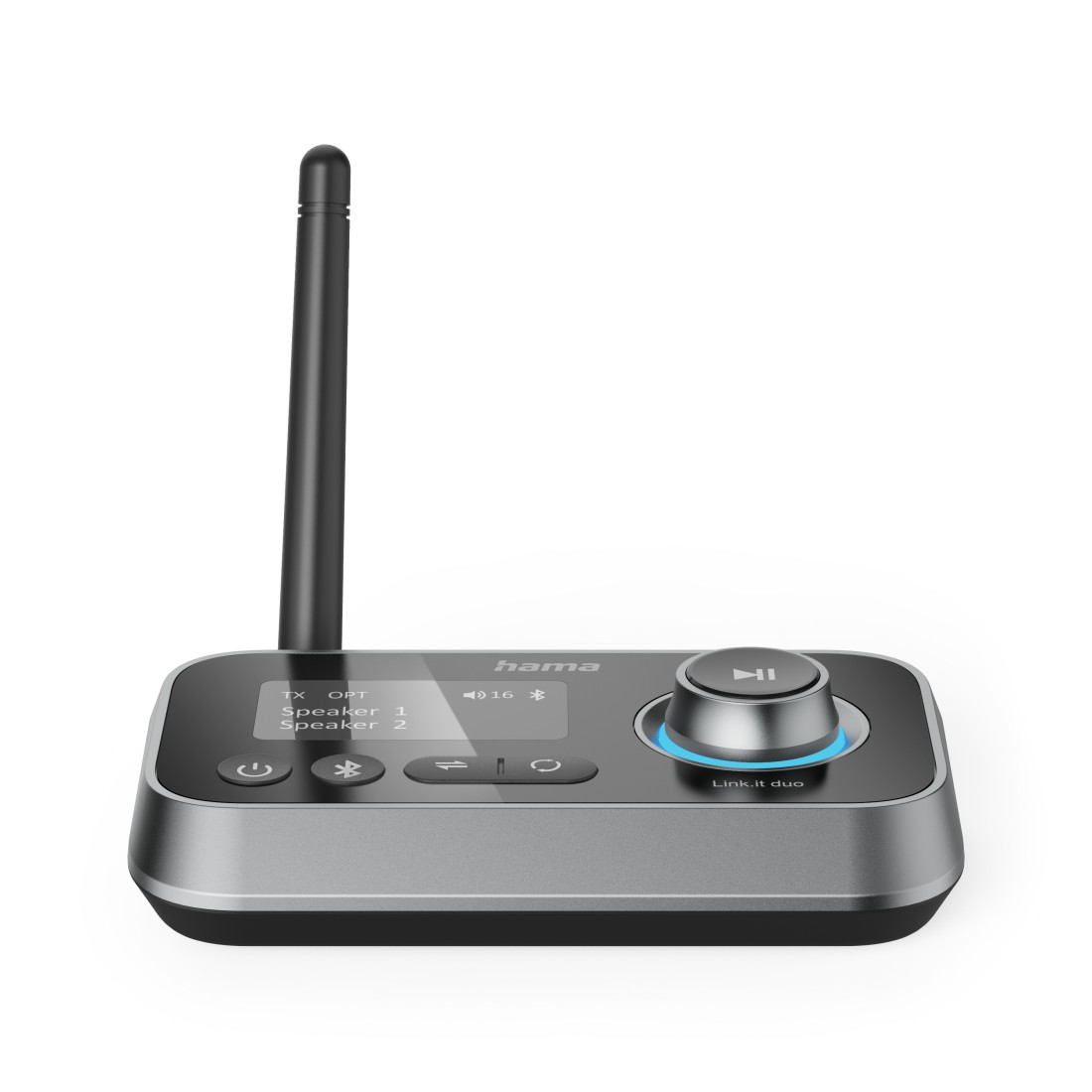 Ein silberner und schwarzer Hama Bluetooth-Empfänger mit Antenne, Knöpfen und kleinem Display.