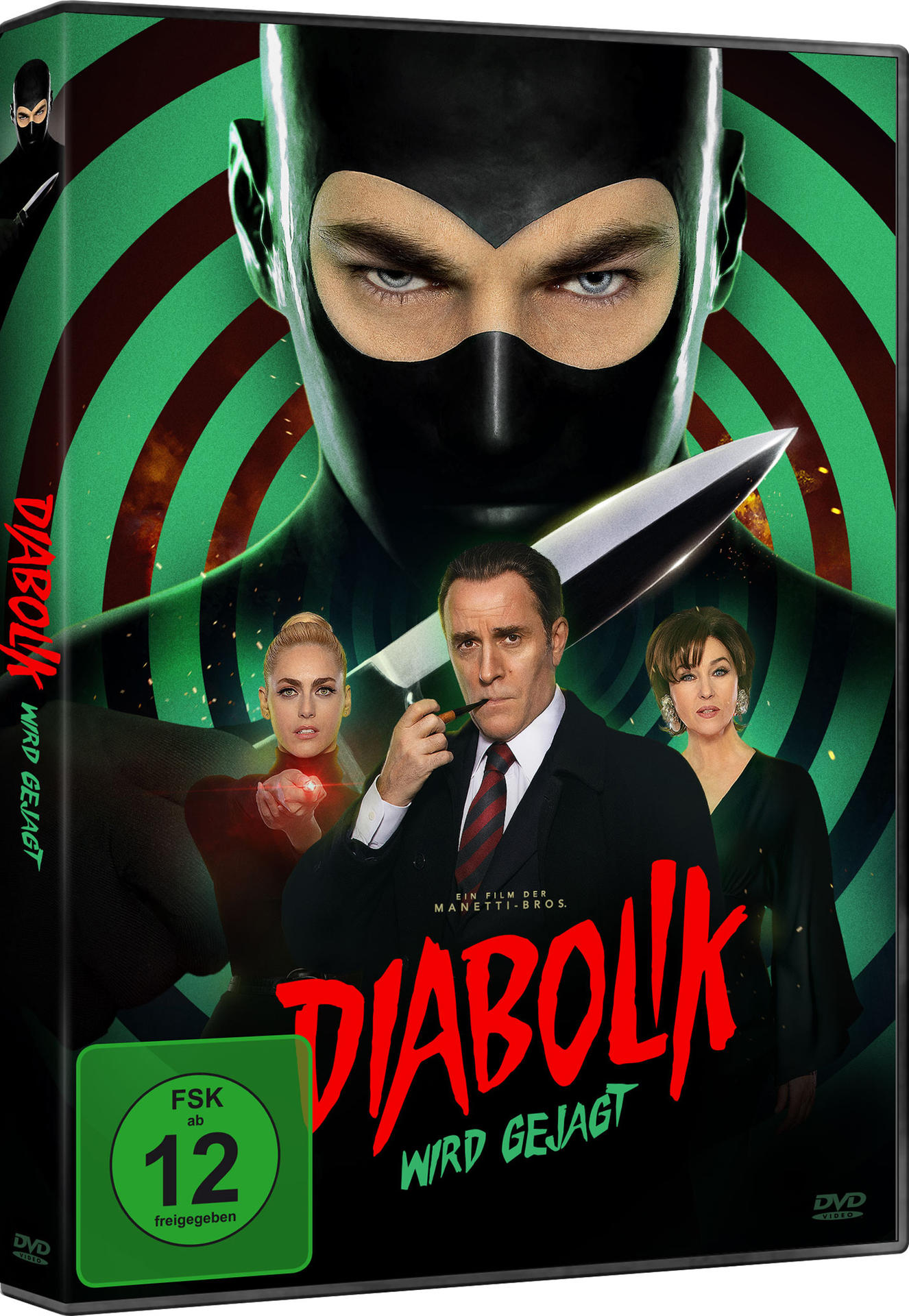 DVD-Cover mit einem Mann mit Maske, einer Frau und einem Mann mit Pfeife. Der Titel lautet 'Diabolik wird gejagt'.