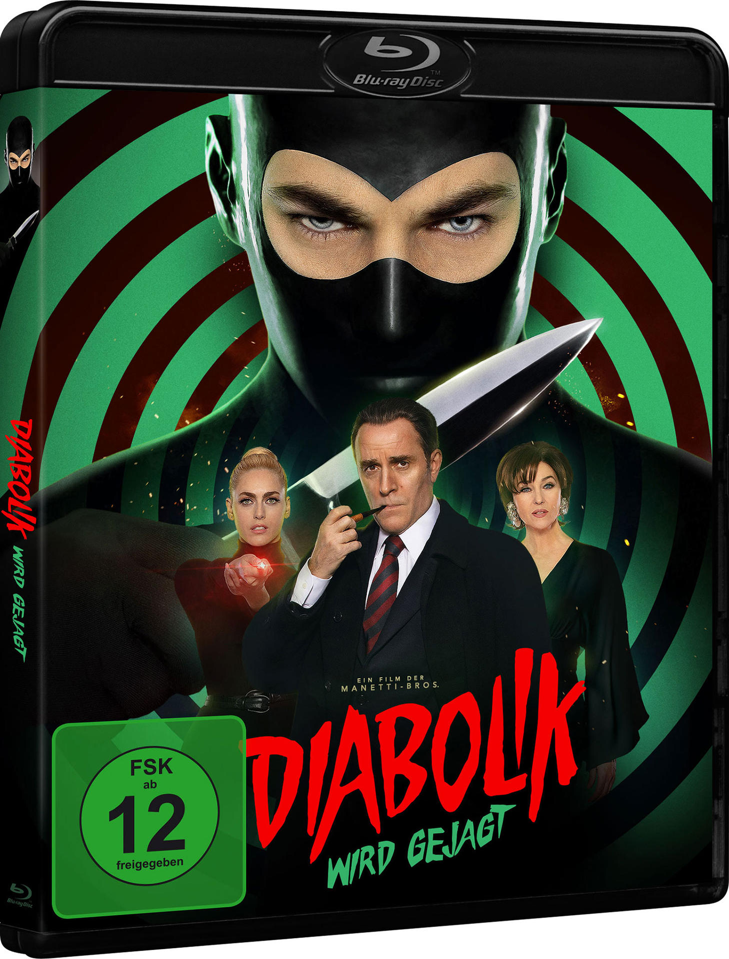 DVD-Cover: Mann mit schwarzer Maske, Messer haltend. Grün-roter Hintergrund.