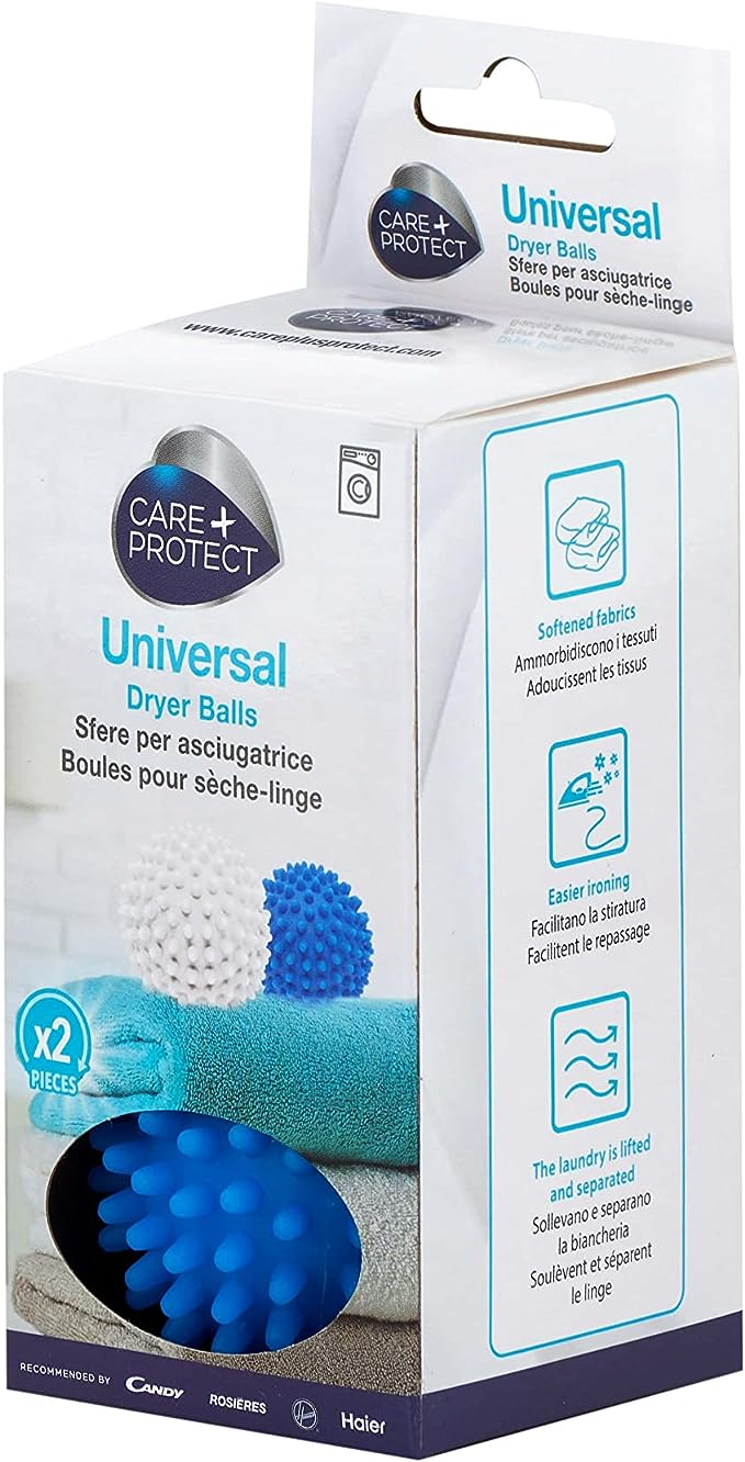 Care+Protect Universal Kurutma Topları içeren bir kutu. Üç top ve kullanımları hakkında metin gösterir.