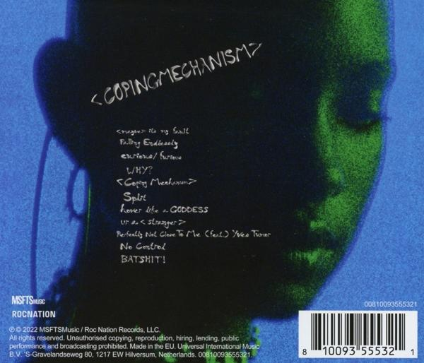Rückseite eines Musikalbums mit Songtiteln und Credits, mit blauem Hintergrund.