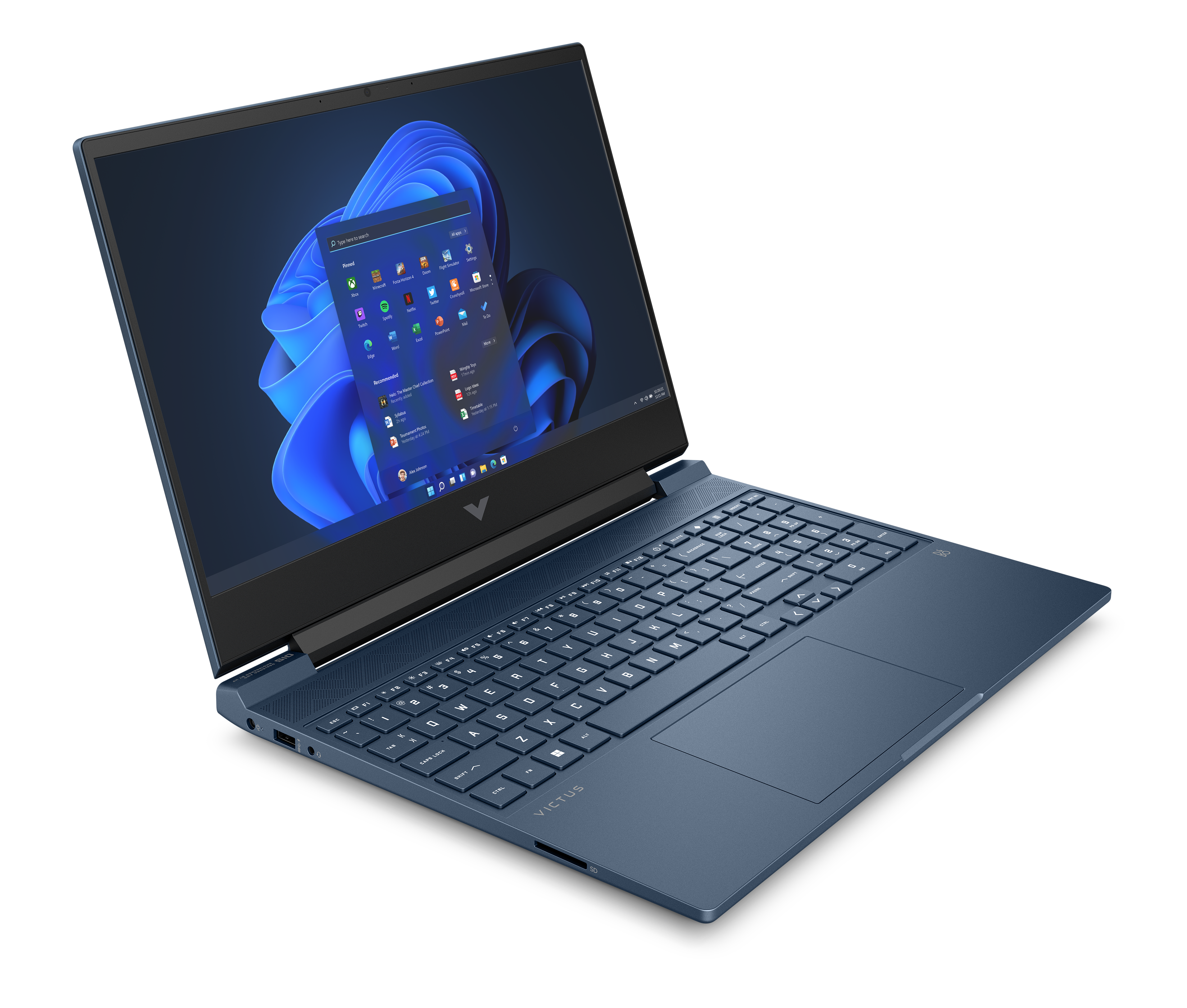 Siyah bir yüzey üzerinde mavi bir dizüstü bilgisayar, ekranda Windows arayüzü açık.