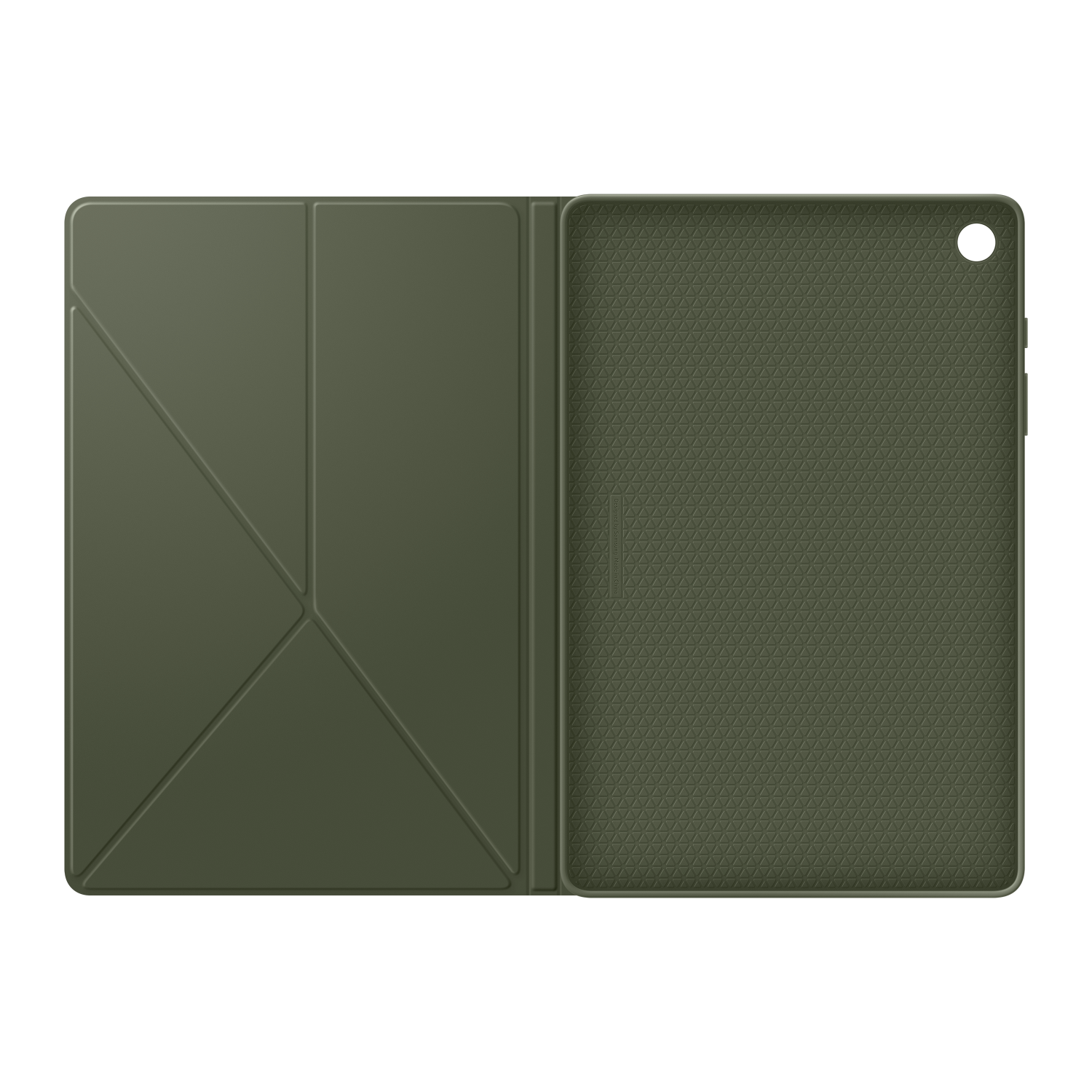 Groene tablethoes open tegen een zwarte achtergrond met geometrisch patroon.