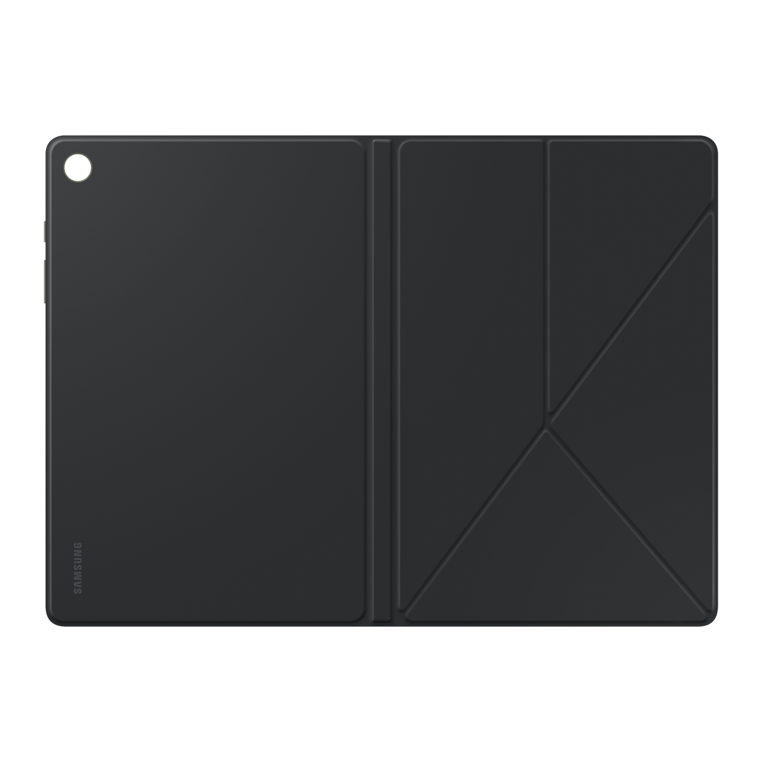 Zwarte tabletcase open, de binnenkant tonend. Het ligt op een zwart oppervlak.