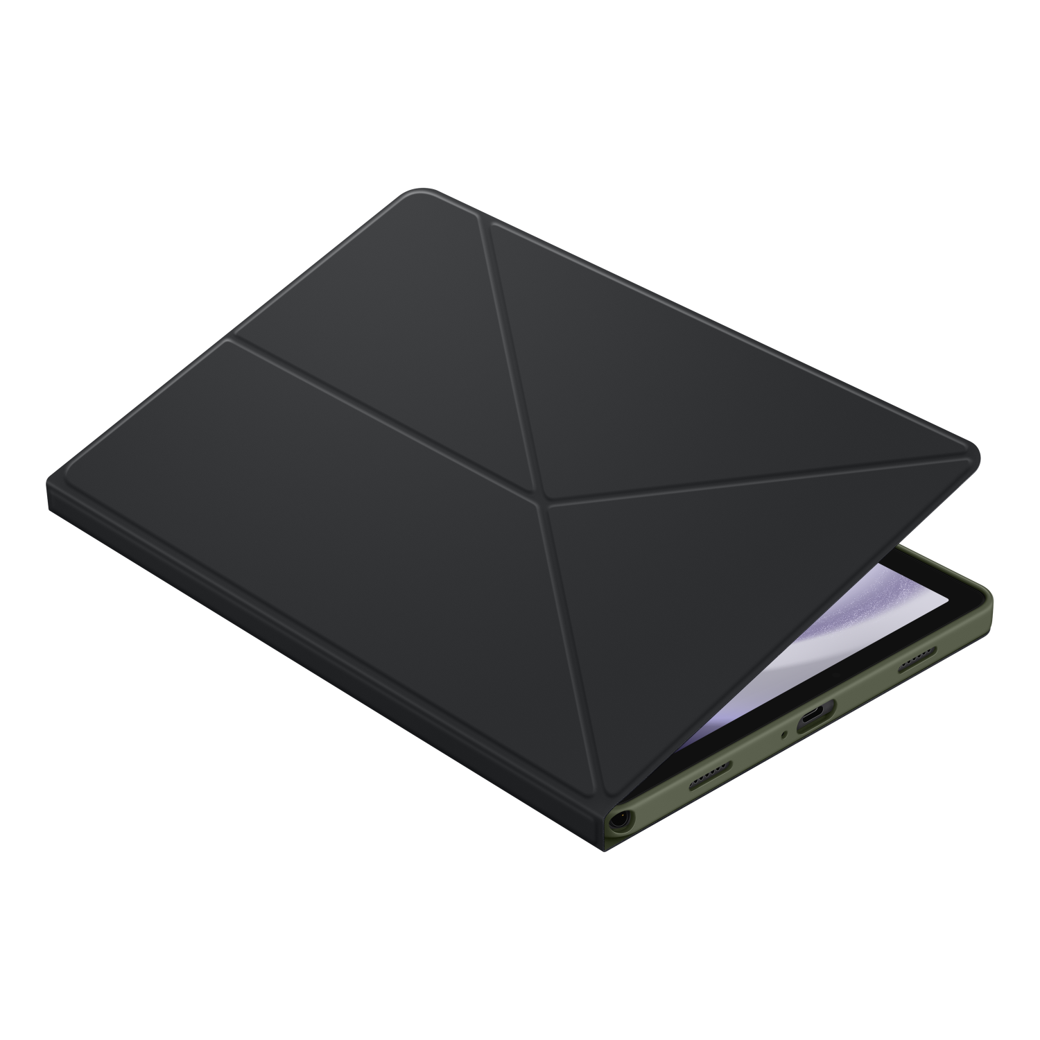 Tablethoes, open, groene rand, zwarte cover, met de tablet erin.