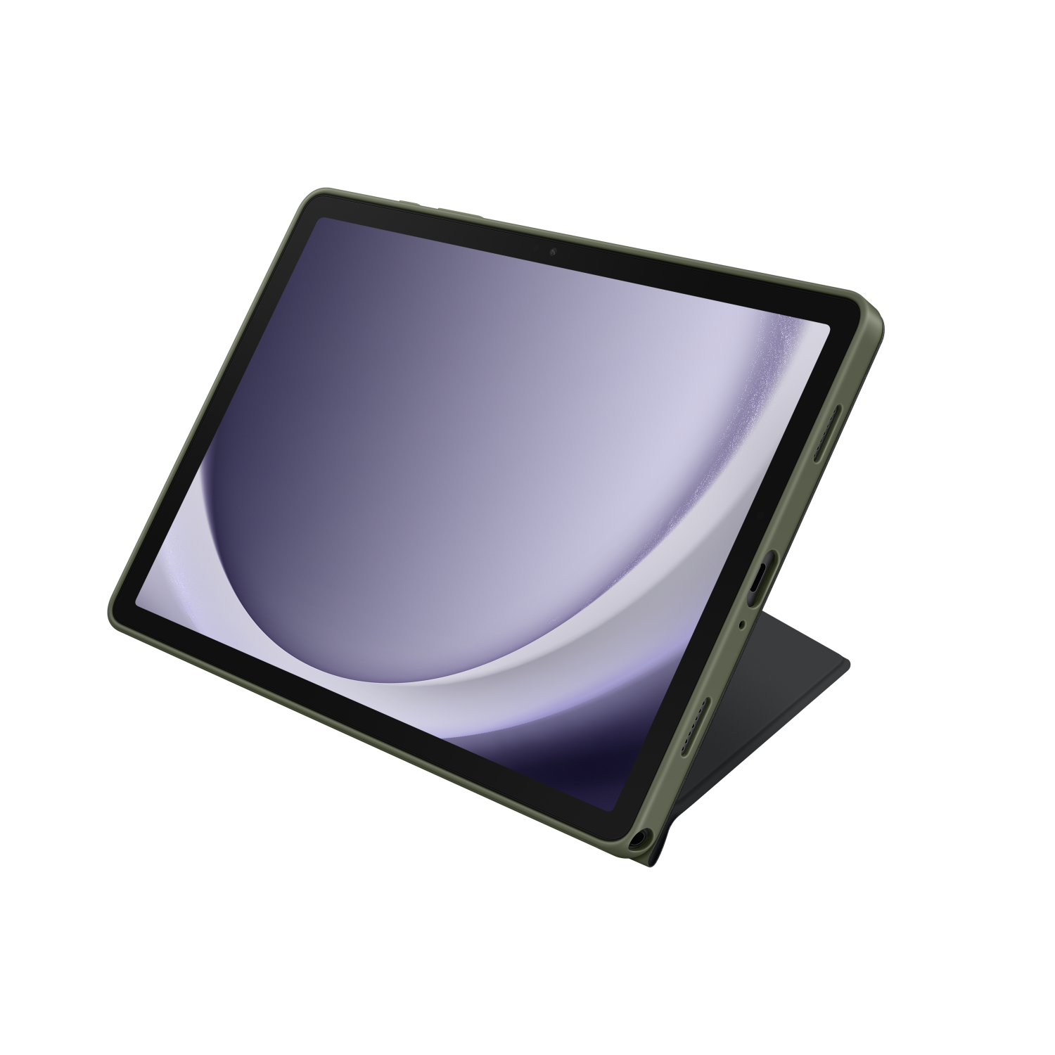 Tablet met groene hoes, schuin op zwart oppervlak, toont een schermbeeld.