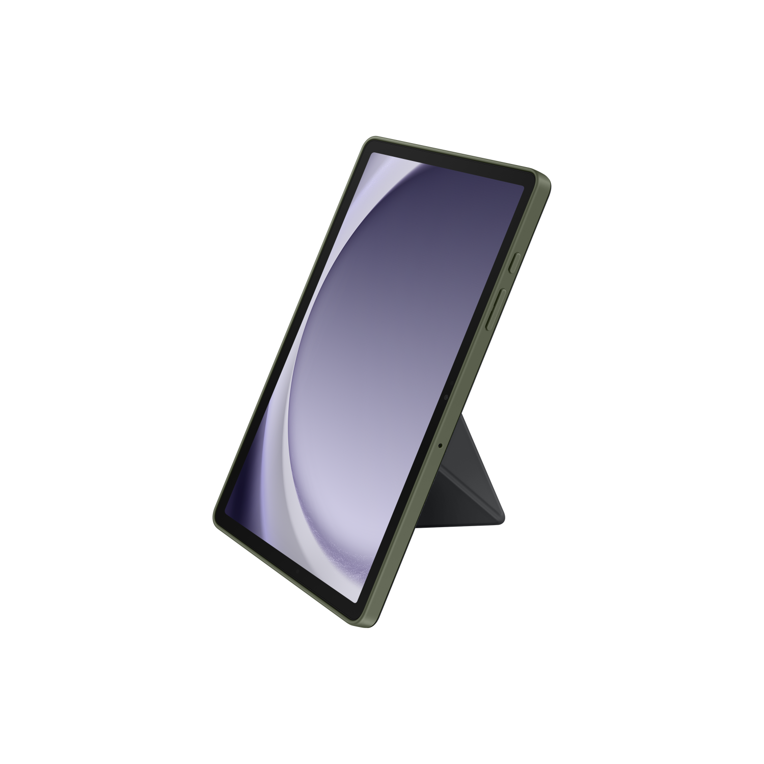Tablet in een groene hoes, op een standaard, tegen een donkere achtergrond.