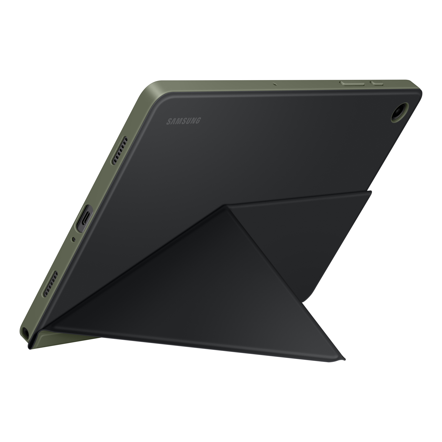 Een zwarte en groene tablet in een groene hoes. Hij staat schuin en toont de achterkant en zijkant.