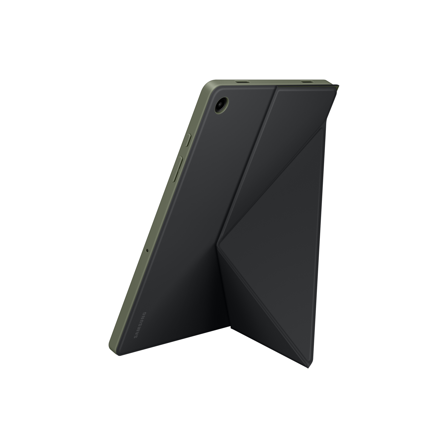 Donkergrijze tablet met een standaard, op een zwarte achtergrond. De tablet is gekanteld en toont het standaardontwerp.