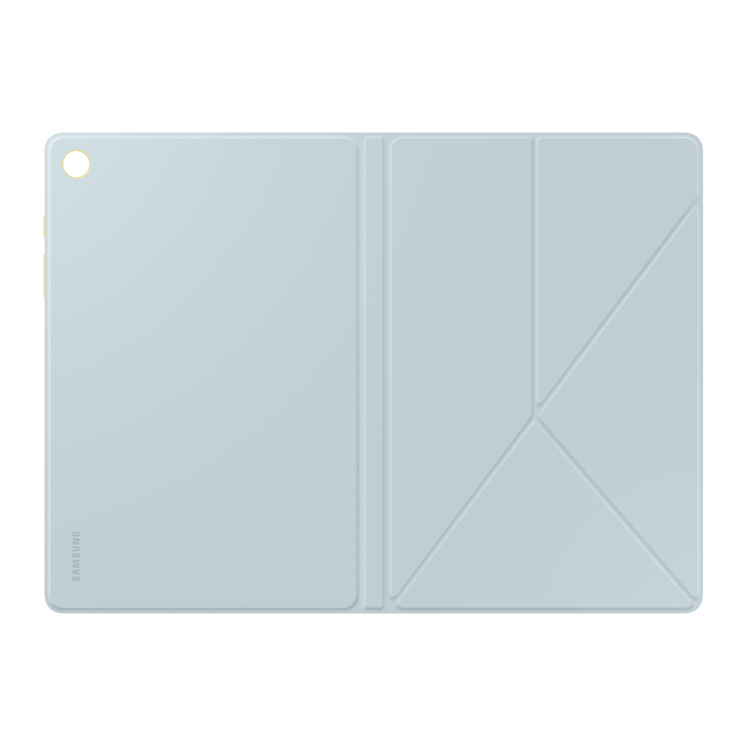 Light blue tablet case, folded into a triangle. The surface is plain, and the background is black.