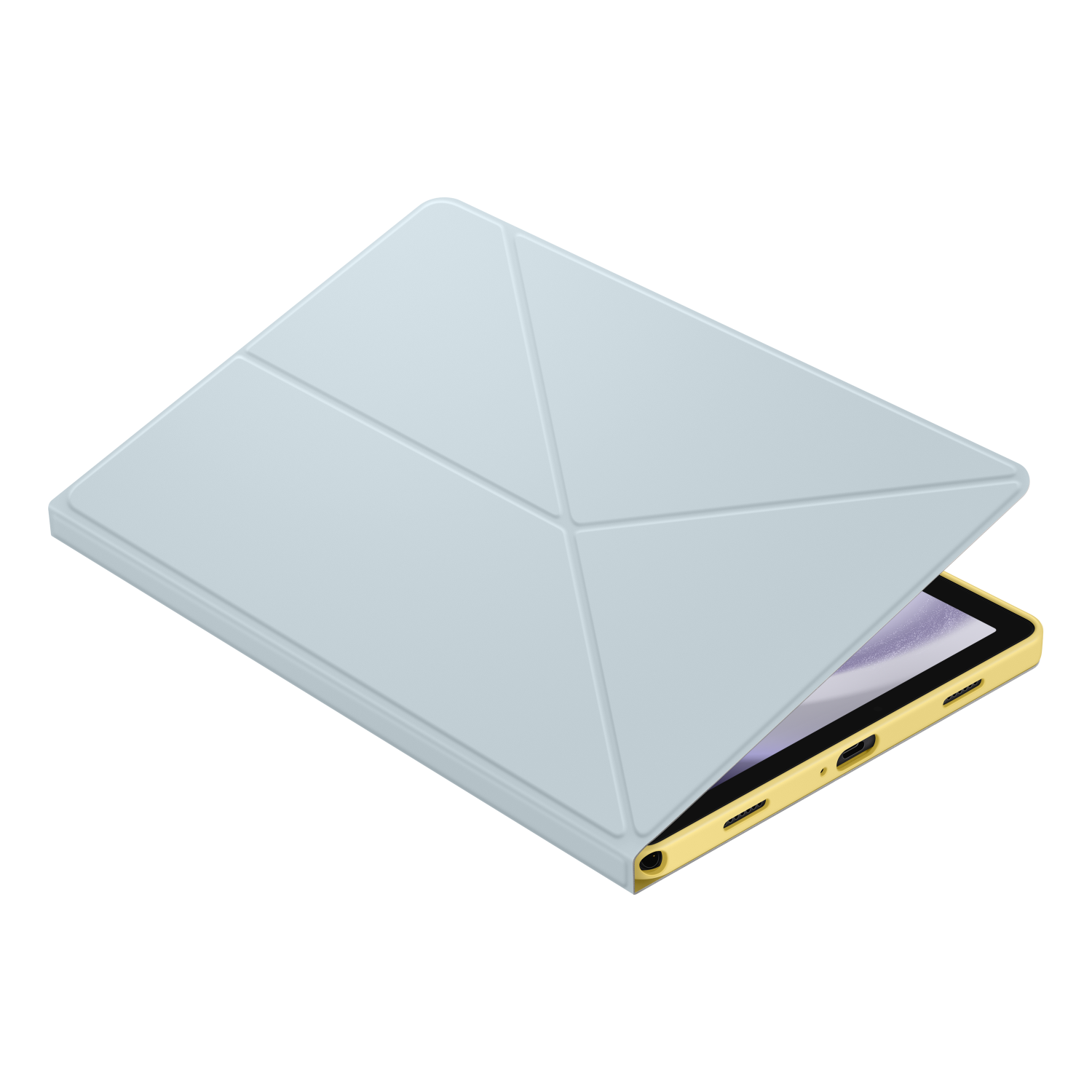 A light blue tablet case with a yellow tablet inside, on a black background. The case is open.