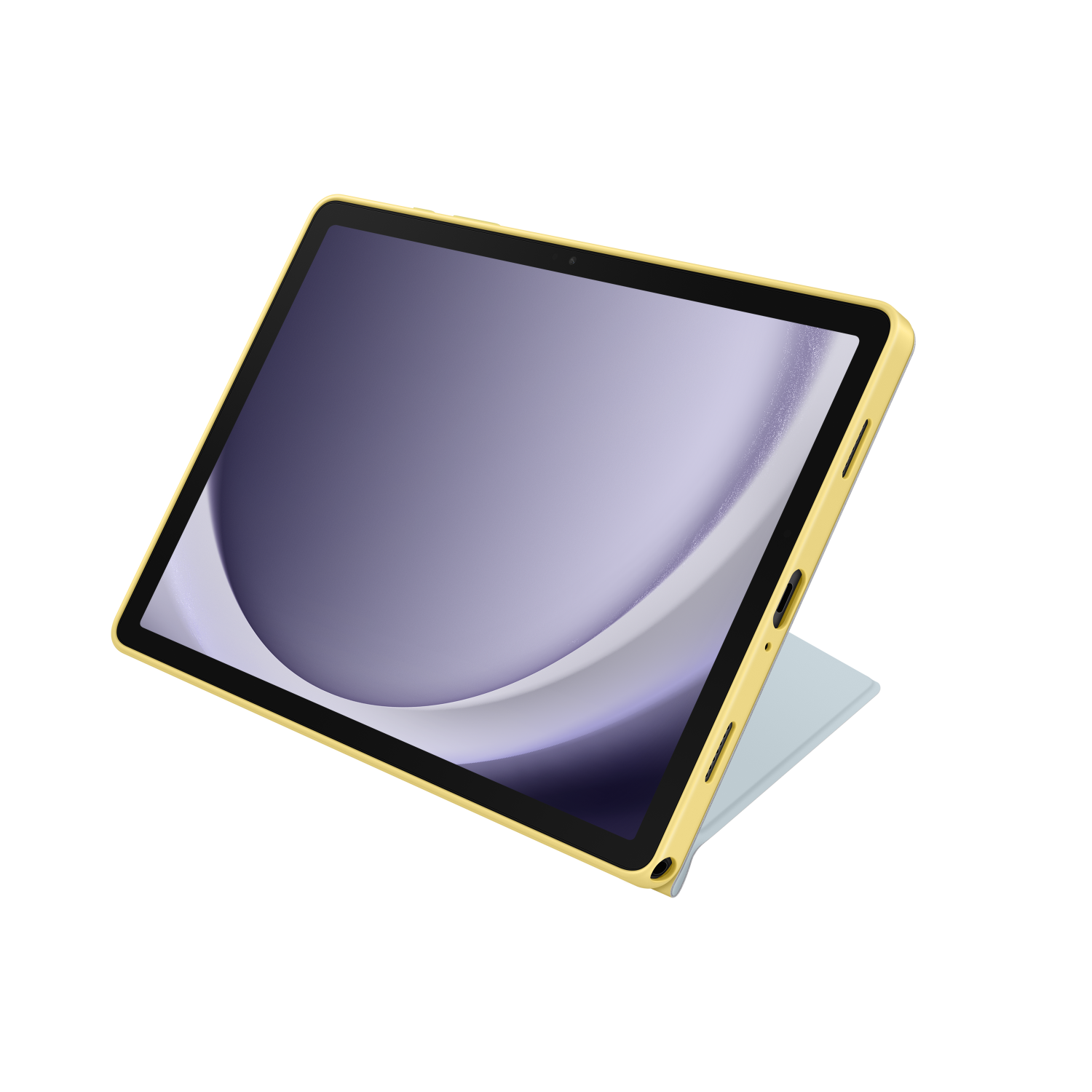 A yellow tablet in a yellow case, angled slightly upward against a dark background.
