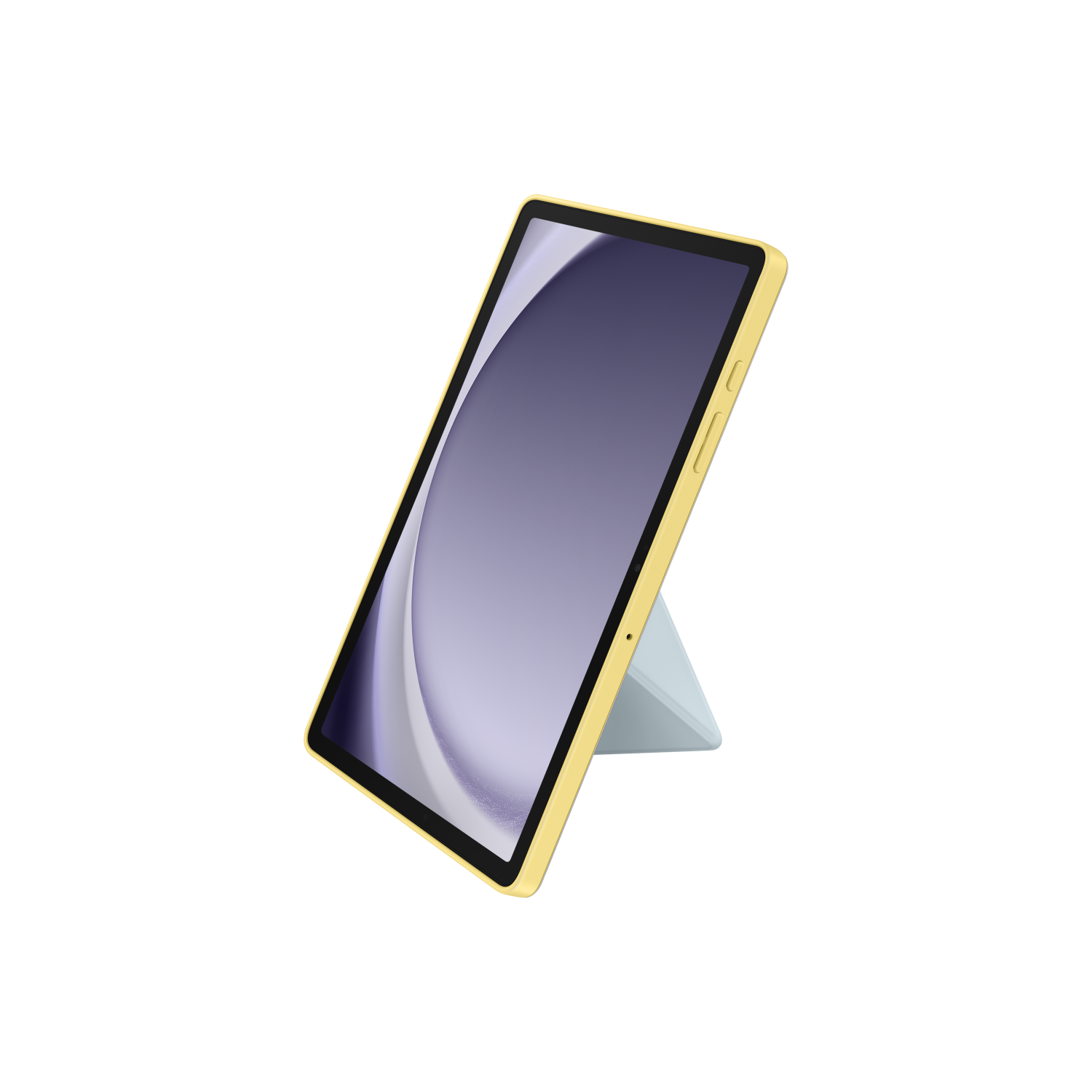 Yellow tablet with a stand, leaning on a light blue support.