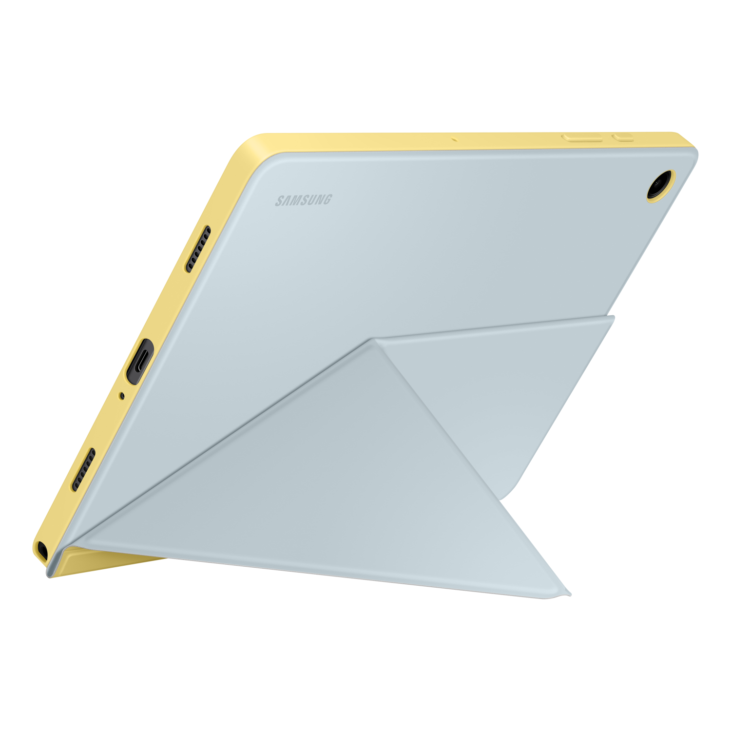 A light blue tablet in a yellow case, propped up. The tablet is on a black background.