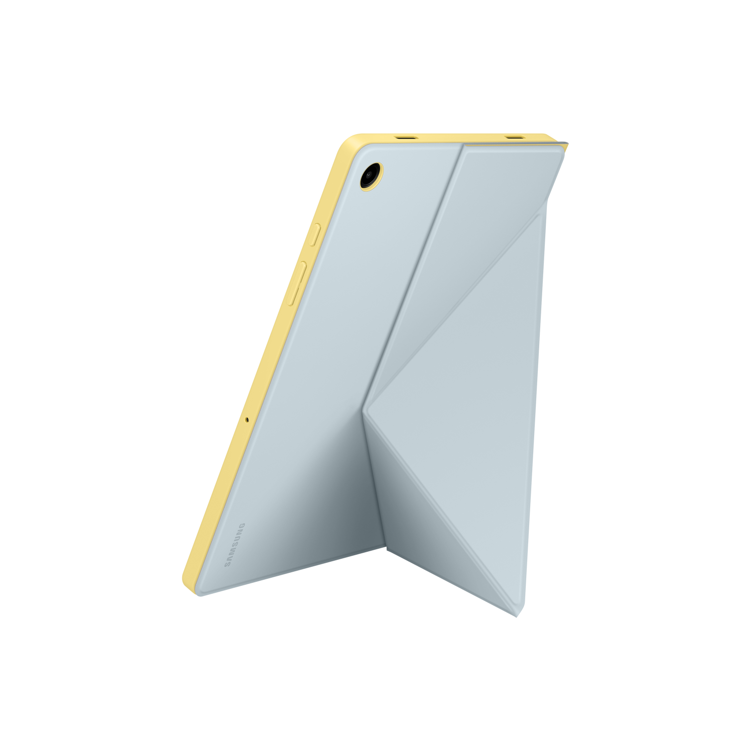 A tablet in a light blue and yellow case, folded into a stand.