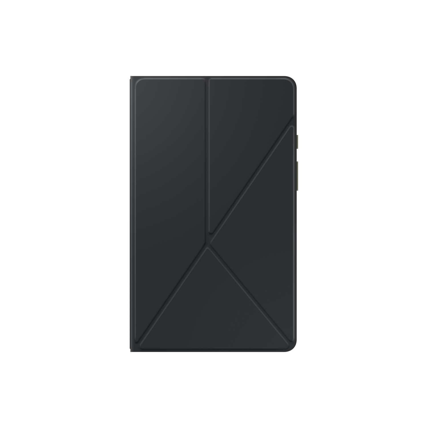 A closed dark gray tablet case, with folded segments and a black background.
