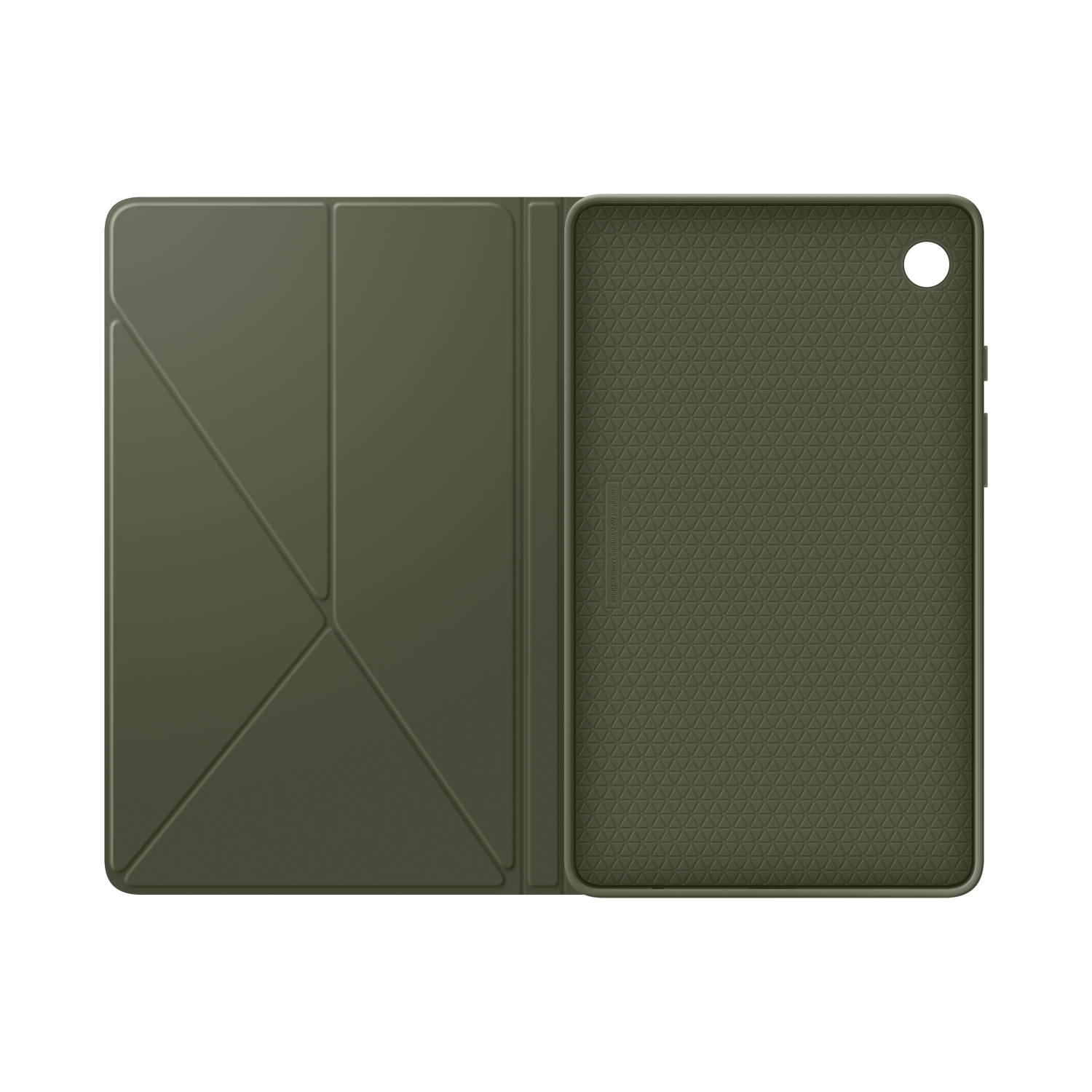 Olive green tablet case open, revealing the tablet interior. Black background.