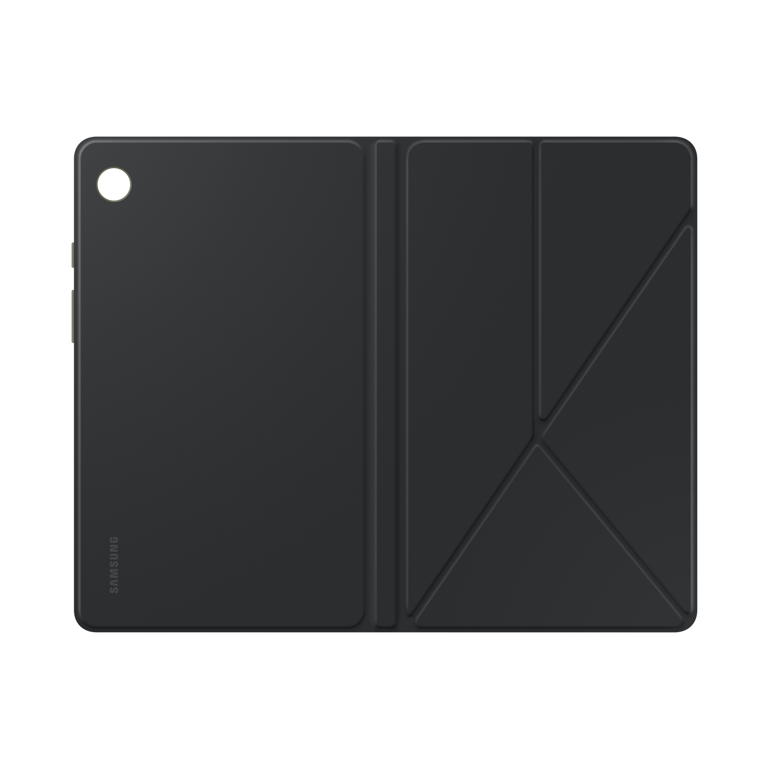 Black tablet cover, open, showing the inside with dark triangles.