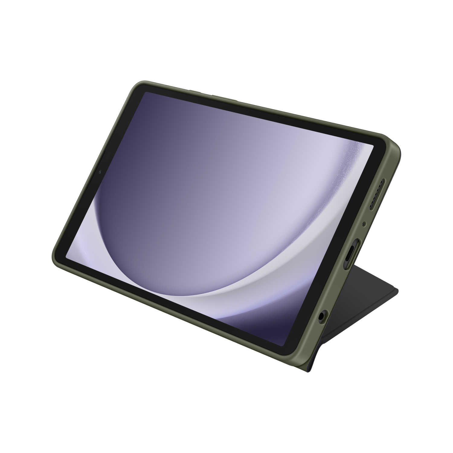 A tablet in an olive-green case, angled against a black background.