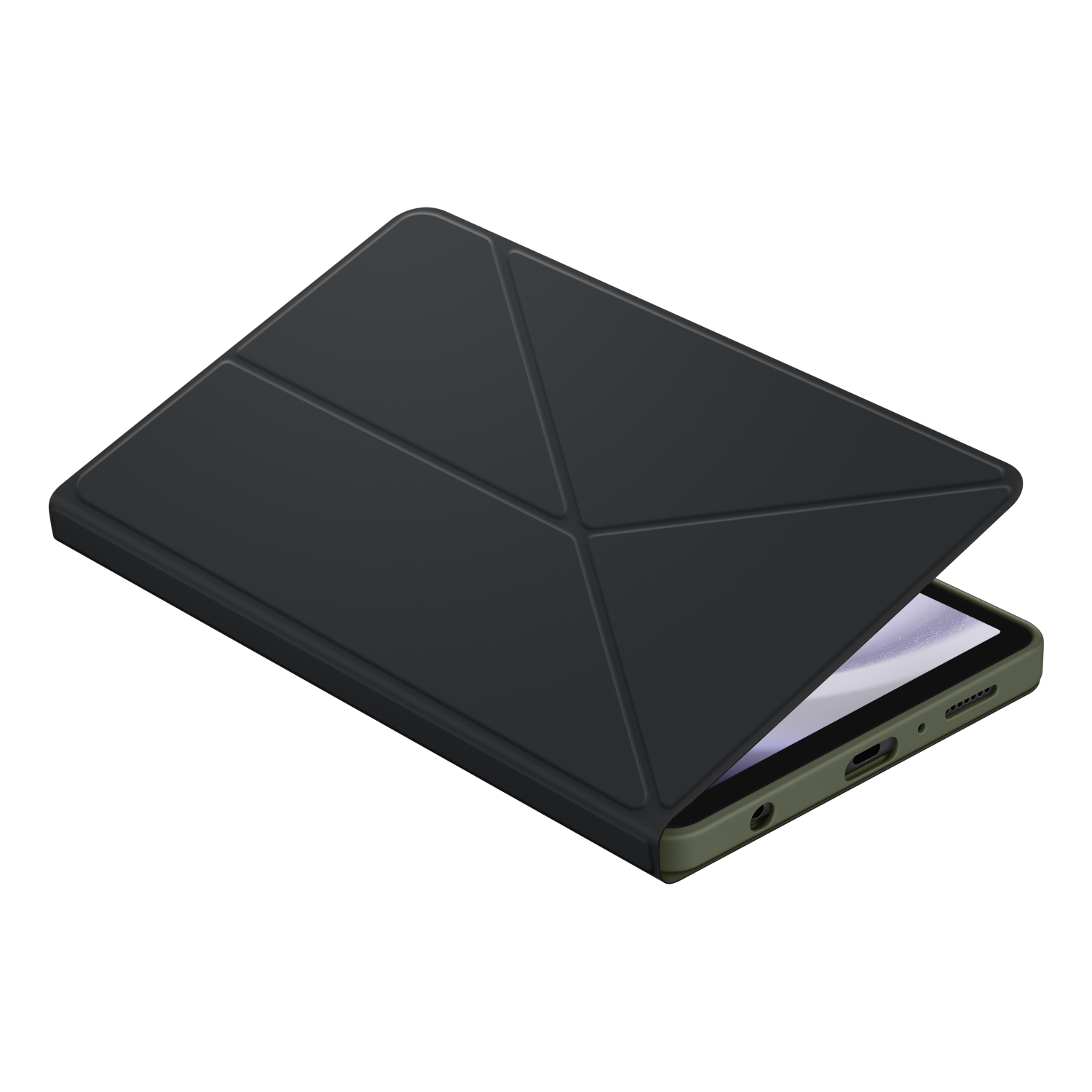 A tablet with a dark green case, slightly open, on a black background.