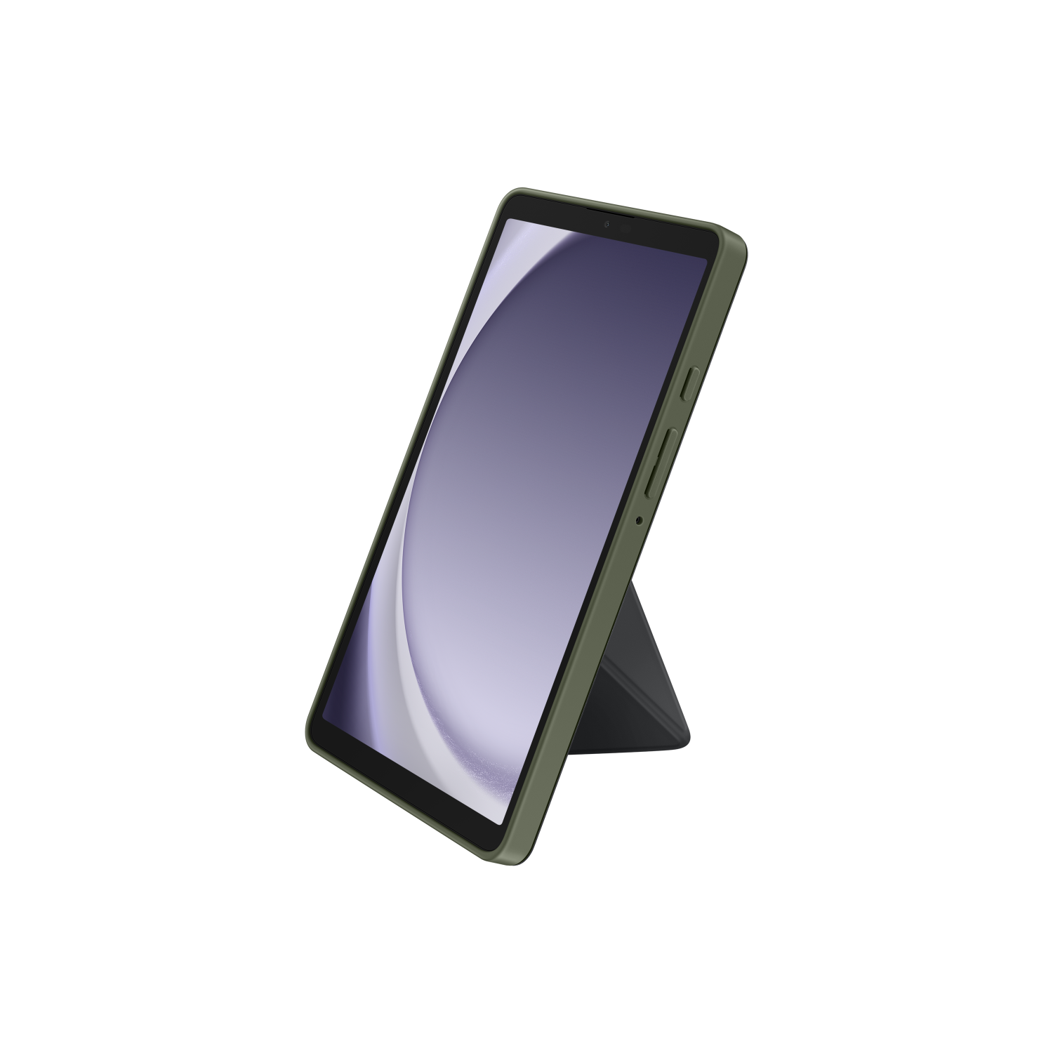 A tablet in a green case, angled with a stand, on a dark background.