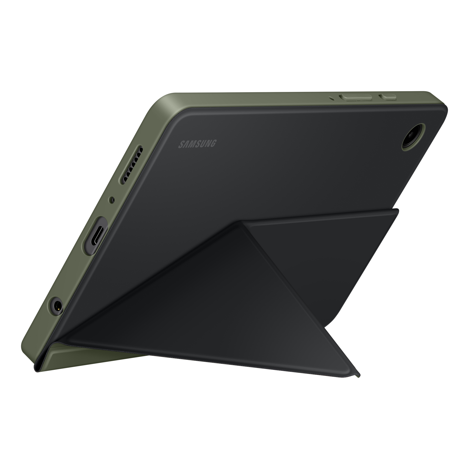 Tablet with a green frame and black screen/stand. The Samsung logo is visible, a side view.