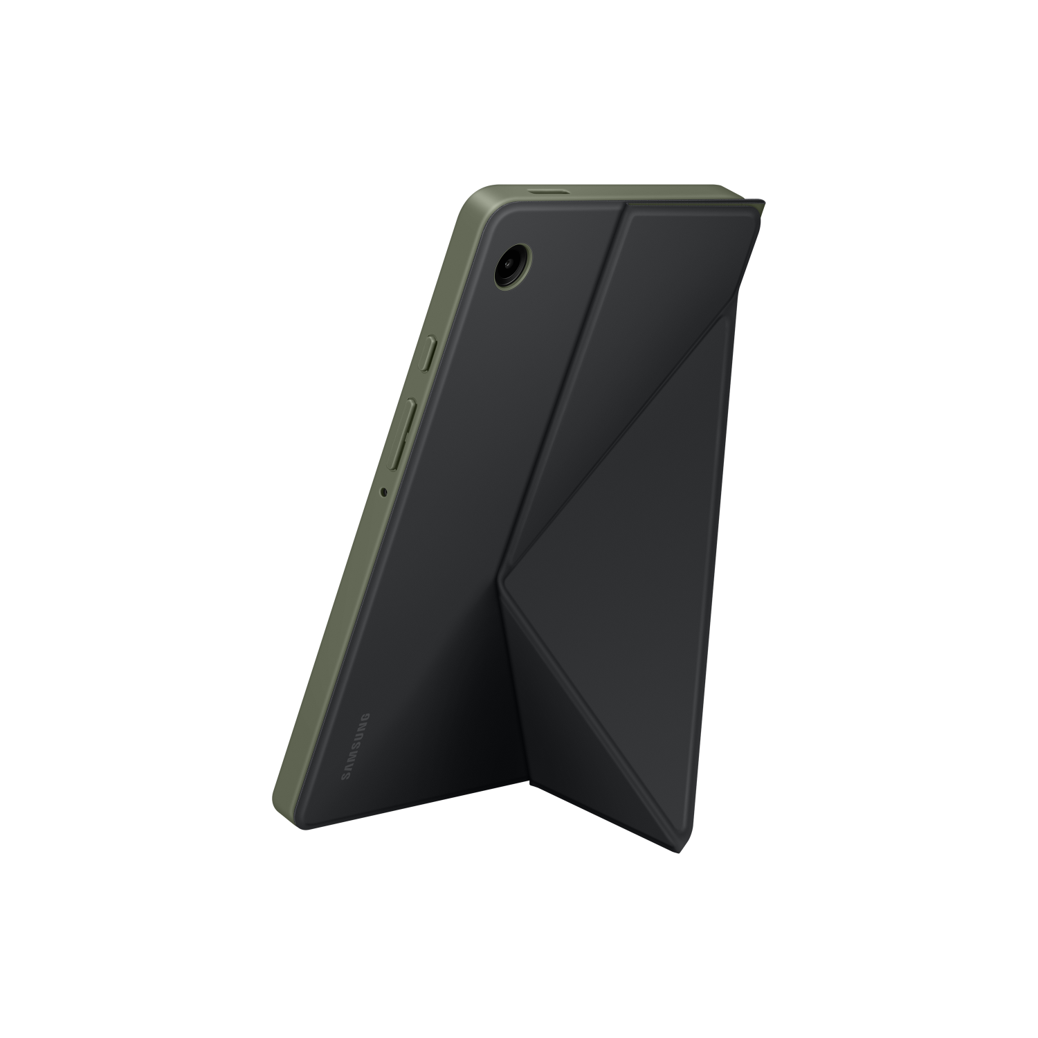Olive green tablet with a folding stand. Black background.