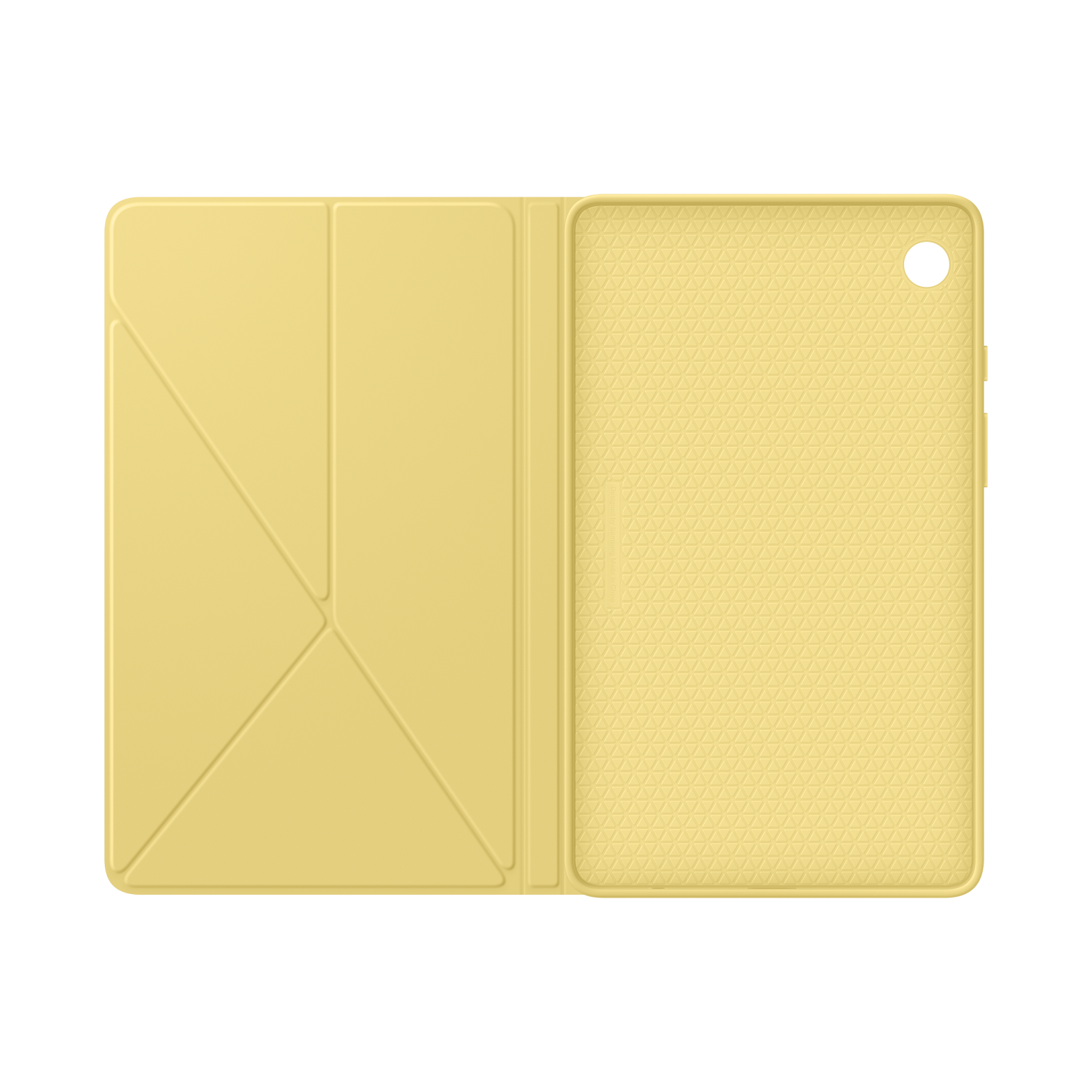 Tablet case, open. Yellow interior with patterned texture. The inside is yellow, with a pattern.